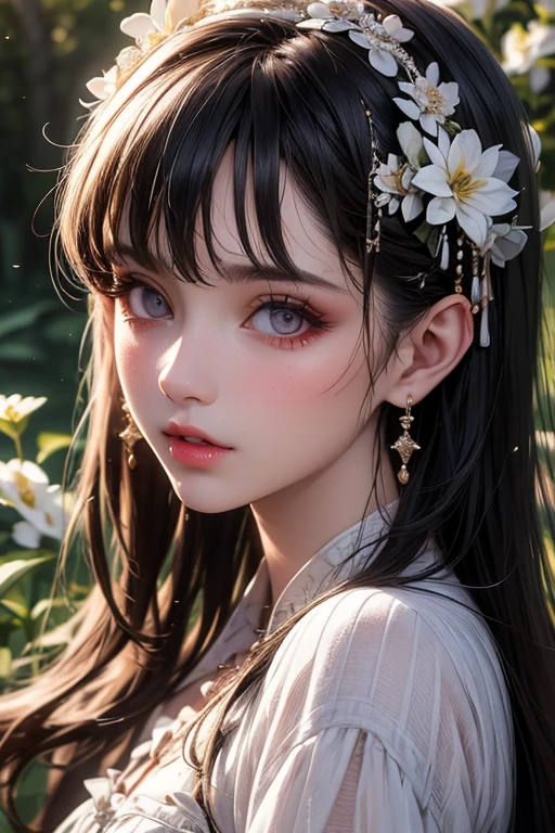 ((Best Quality)), ((Masterpiece)), (Detail: 1.4), 3D, Beautiful Cyberpunk Female Image, HDR (High Dynamic Range), Ray Tracing, NVIDIA RTX, Super Resolution, Unreal 5, Subsurface Scattering, PBR Texture, Post-Processing, Anisotropic Filtering, Depth of Field, Maximum Sharpness and Sharpness, Multi-layer Texture, Albedo and Highlight Mapping, Surface Coloring, Mitsu-Accurate Simulation of Material Interactions, Perfect Proportions, Octane Rendering, Two-color Light, Large Aperture, Low ISO, white balance, regular three-point, 8K RAW, beautiful bright pupils, flowing robe, fine pupils, delicate face and eyes, long eyelashes, blush, fluffy hair, pink lips, pure, cute, sweet girl, cherry blossom petals falling, butterflies, casual wear, high-end sense