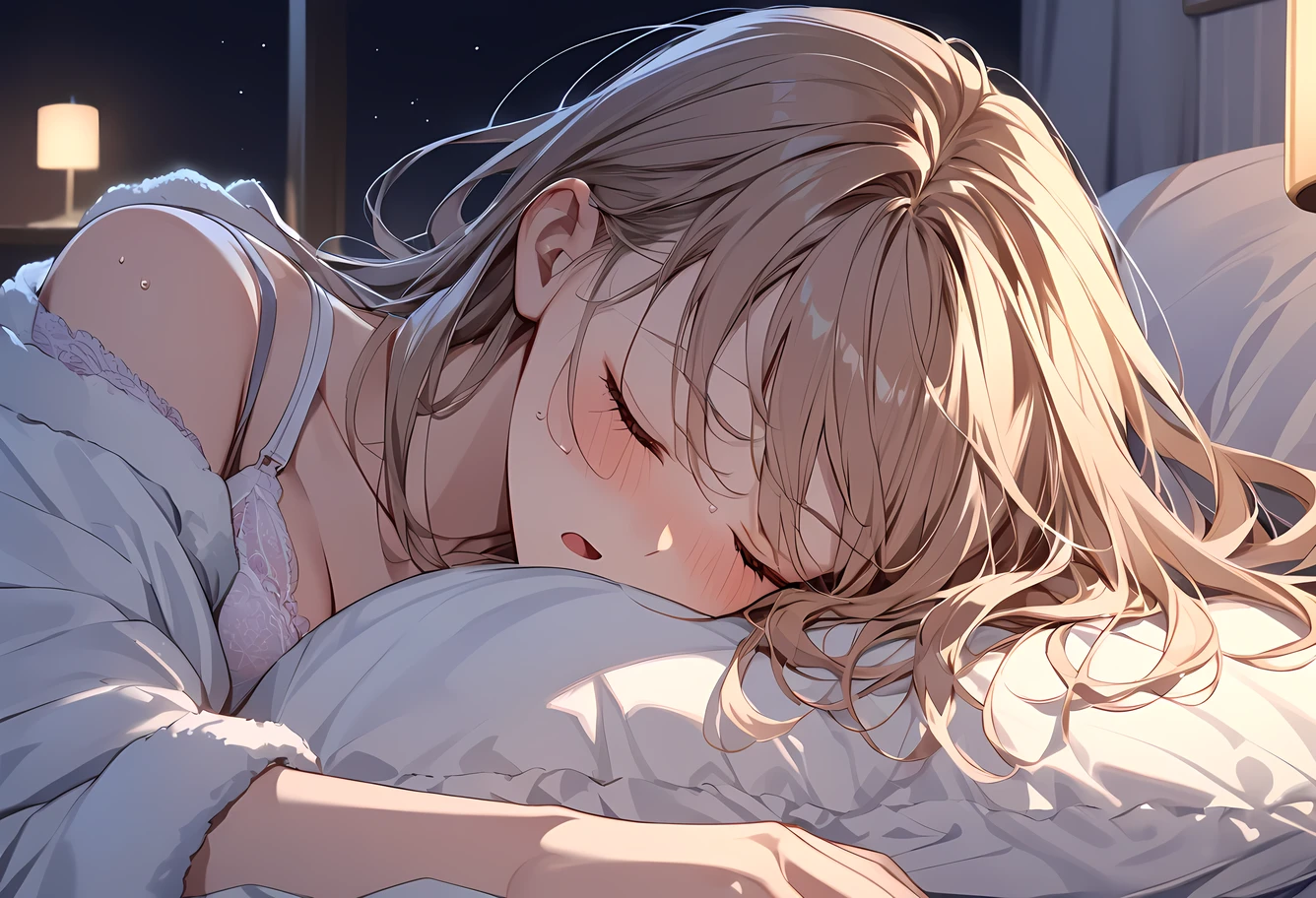 ((((masterpiece, best quality, ultra detail, very_high_resolution, large_filesize, full color)))), sleeping in bed, (((There is a little sheep on my head))), The moonlight is beautiful