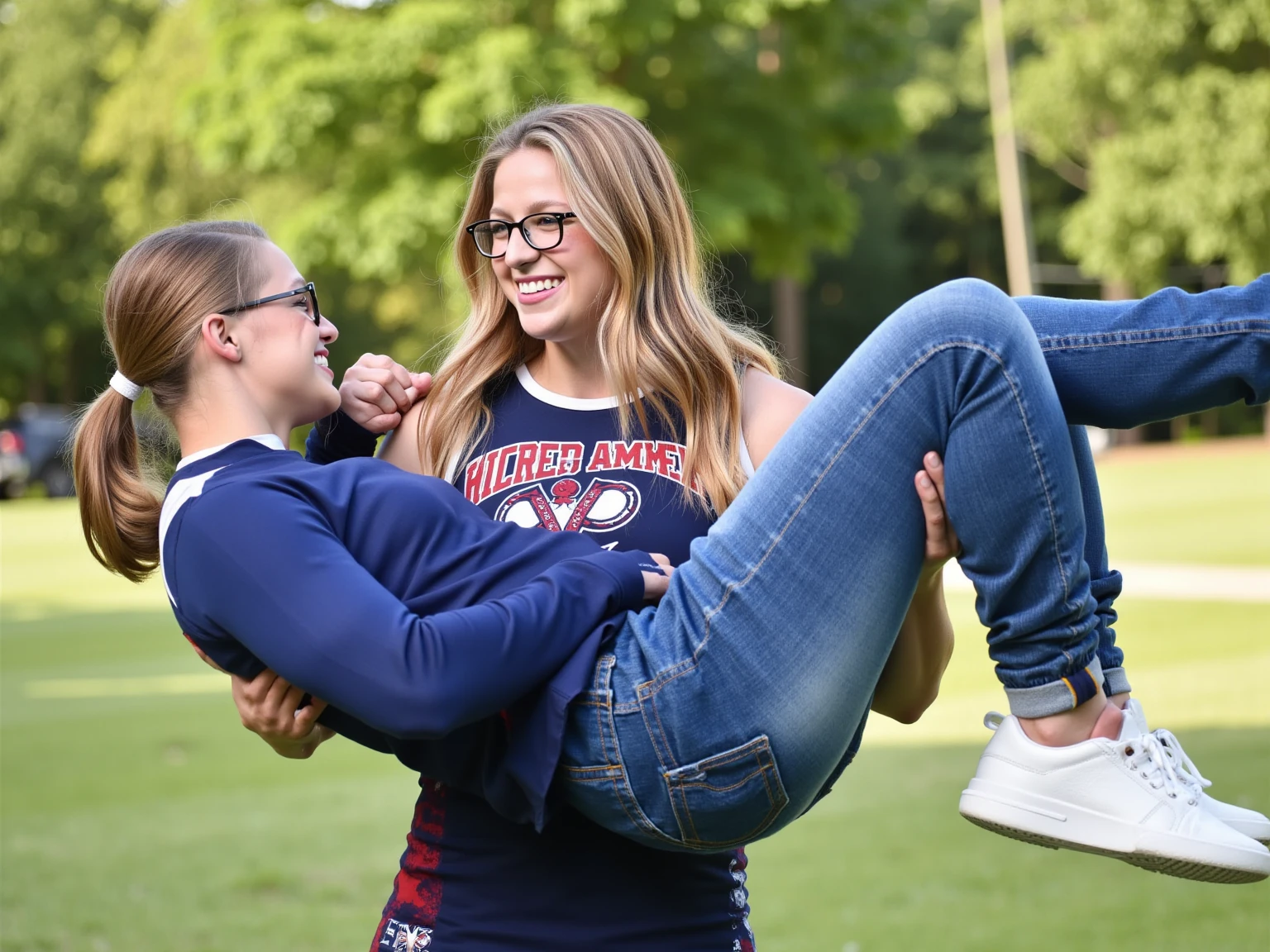A photograph capturing a strong petitie girl holding a man cradled in her arms, as if effortlessly carrying him. [The girl has glasses, long blonde hair and is dressed in cheer attire, smiling while exuding confidence]. [The man, wearing jeans and a blue shirt, is relaxed in her grasp, his arms draped over hers]. The setting is outdoors in a park.
