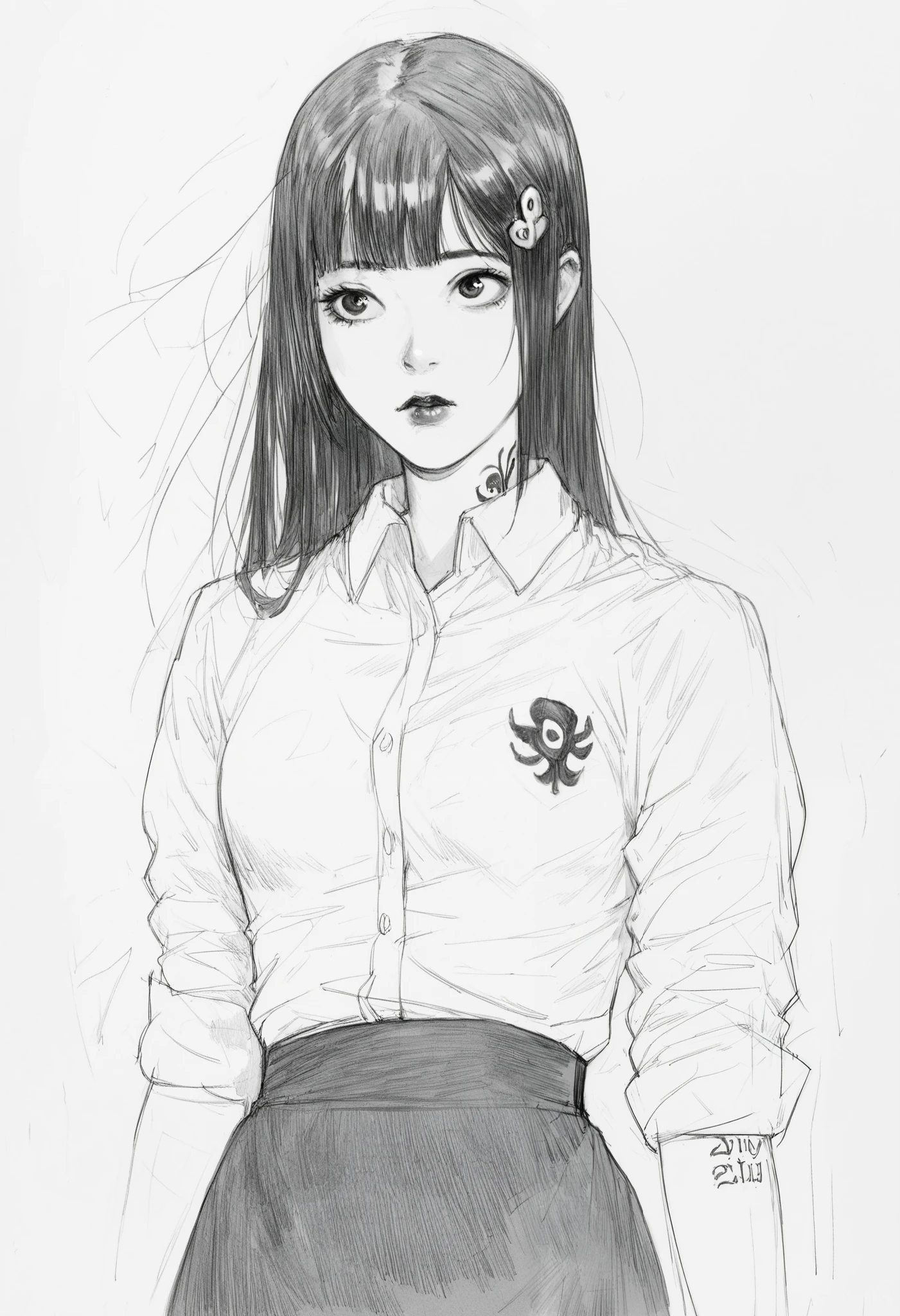 score_9, score_8_up, score_7_up, score_6_up, score_5_up, score_4_up, BREAKsketch, shinji_chibana_artstyle, traditional pencil style, pencil drawing, monochrome, detailed background, detailed background, Asian, white shirt, black skirt, rolled up sleeves, sunny, lovely, hime cut hair, curious face, black lips, black eyes, tattoos
