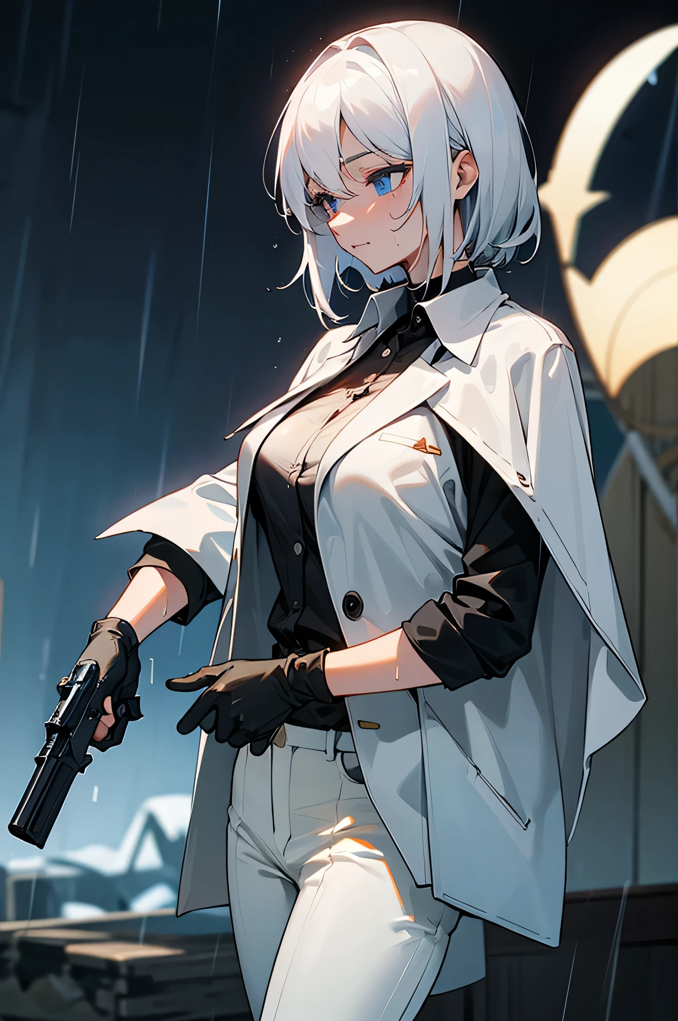 female, short, short white hair, white eyes. dynamic art, oversized sweater, furry bunny, 4k