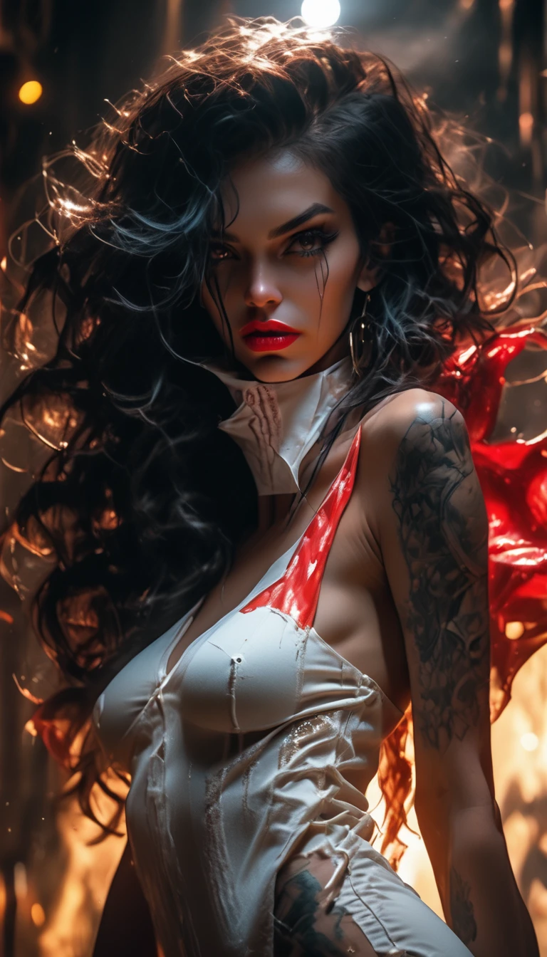 (best quality,4k,8k,highres,masterpiece:1.2),ultra-detailed,(realistic,photorealistic,photo-realistic:1.37),gothic woman,cyberpunk,red eyes demon like ,demon,extremely detailed face,long dark hair,sensual lips,pale skin,piercing,full makeup,black leather outfit,studded collar,fishnet stockings,platform boots,night cityscape background,neon lights,smoke and fog,reflective surfaces,glowing tattoos with intricate designs,blood red lipstick,sharp fangs,intense gaze,ominous aura,vivid colors,high contrast,dark shadows and highlights,ethereal beauty