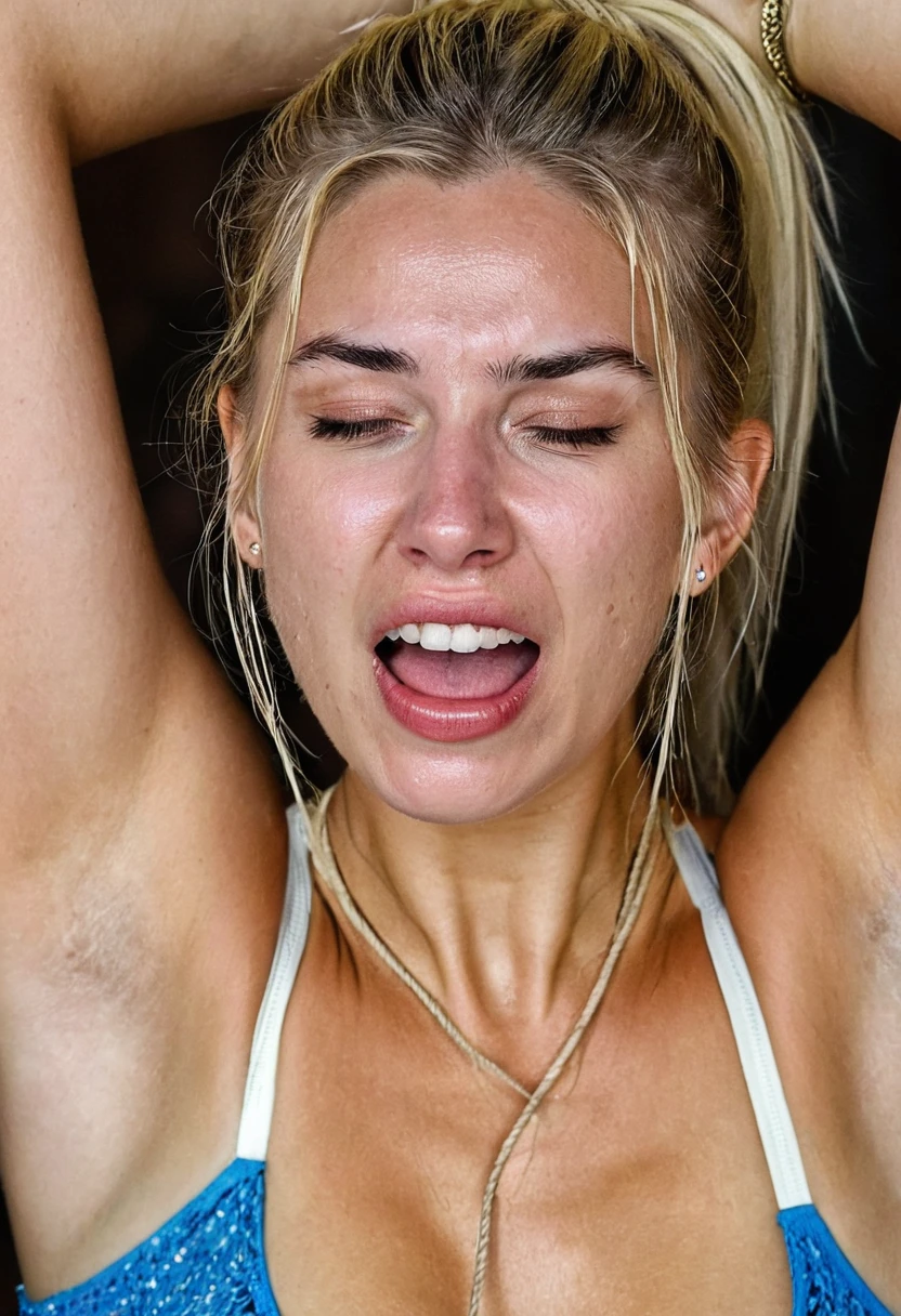 a beautiful naked girl, sweaty, athletic body, and hairy armpits, being carried by two women