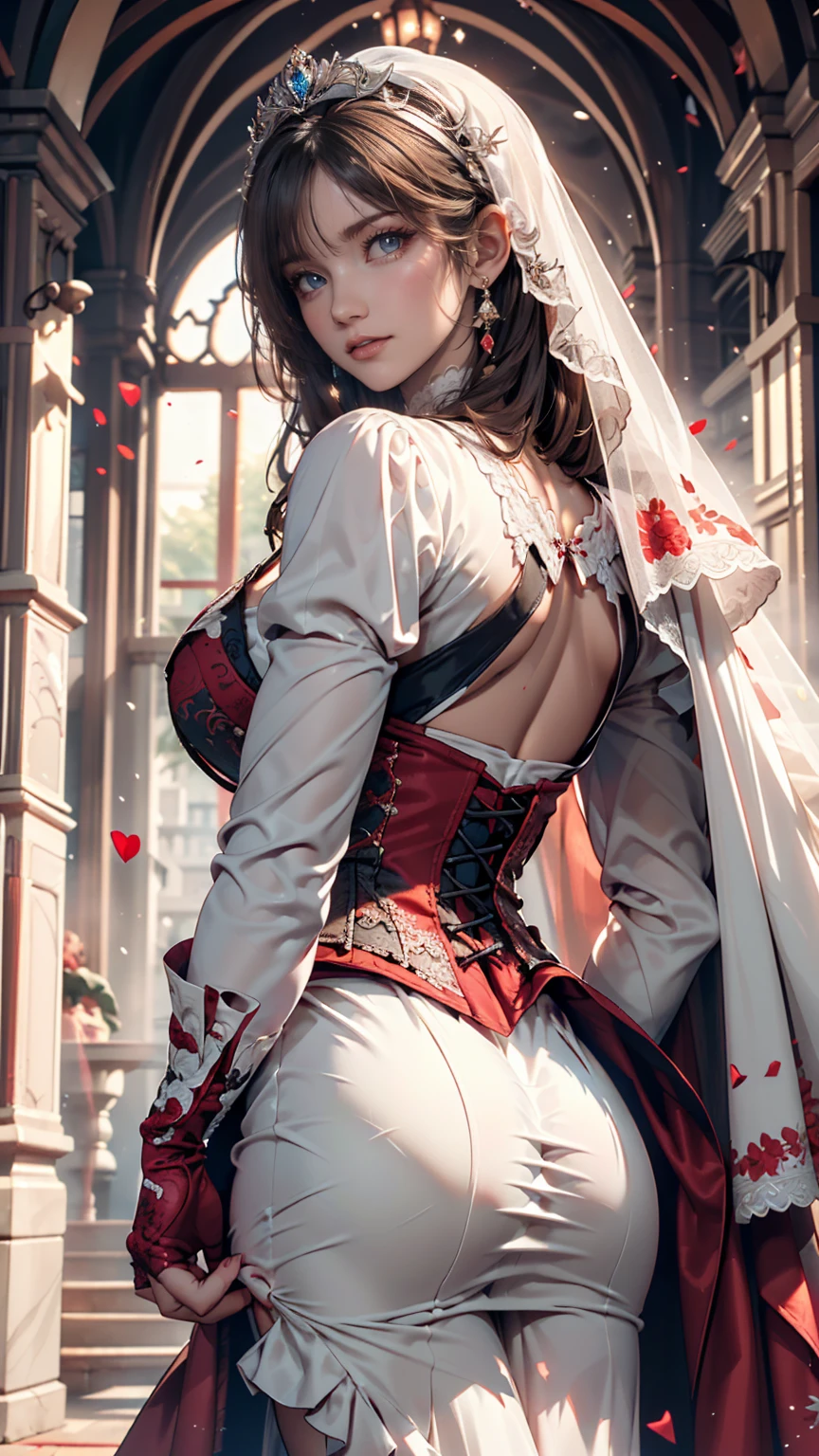 ((Highly detailed CG Unity 8k wallpaper)), masterpiece, Super detailed, floating, High resolution, Sexually suggestive, (small, Extremely long white hair, Princess, White Mage, blue eyes, (It has long, wide sleeves and intricate embroidery.、A gorgeous layered long dress in white and red with a sheer look), Bridal Veil, Circlet, Bridal Gauntlet, Blushing, shy, arched back, Frilled petticoat, Glamorous corset,Sexy proportions、Sexy、A mask used at masquerade balls that covers only the eyes、Bright red lipstick、Bewitching Smile
