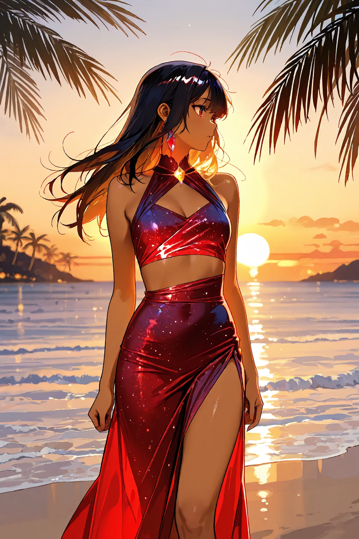 Beautiful woman dancing to Caribbean songs in a luau with a tropical atmosphere at night, stars, beach in the background, party atmosphere, vibrant colors, panoramic view, intricate details, high definition, high resolution, soft lighting, 2d anime style