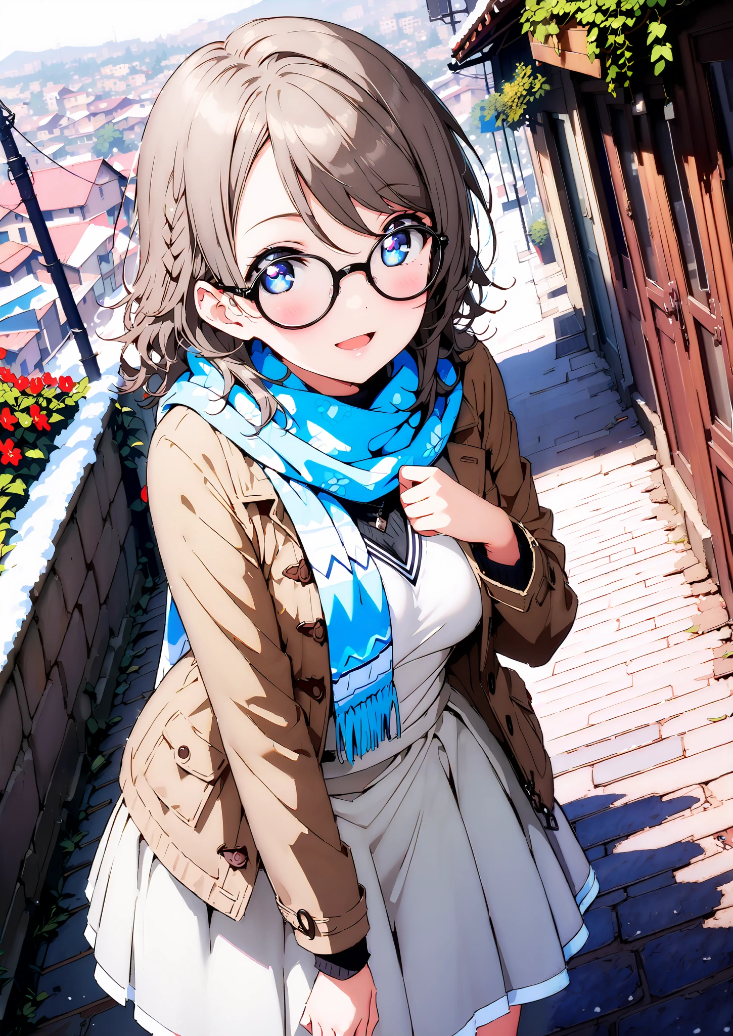 score_9, score_8_up, score_7_up, Alone, 1 girl, Watanabe, short hair,Medium breast,half updo,Glasses,smile,opens her mouth,white breath,blush, duffle coat,(sweater :1.2),( turtleneck:1.2),blue scarf , white long skirt,shoes, snow boots ,snow,morning,standing,full bodyがイラストに入るように,
break outdoors, residential area,
break looking at viewer,full body,
break (masterpiece:1.2),Highest quality , kampala, Unity 8K Wallpaper ,(shape:0.8),( fine, beautiful eyes :1.6),It's a person ,full body写真,CG Details , (perfect hands, complete anatomy),