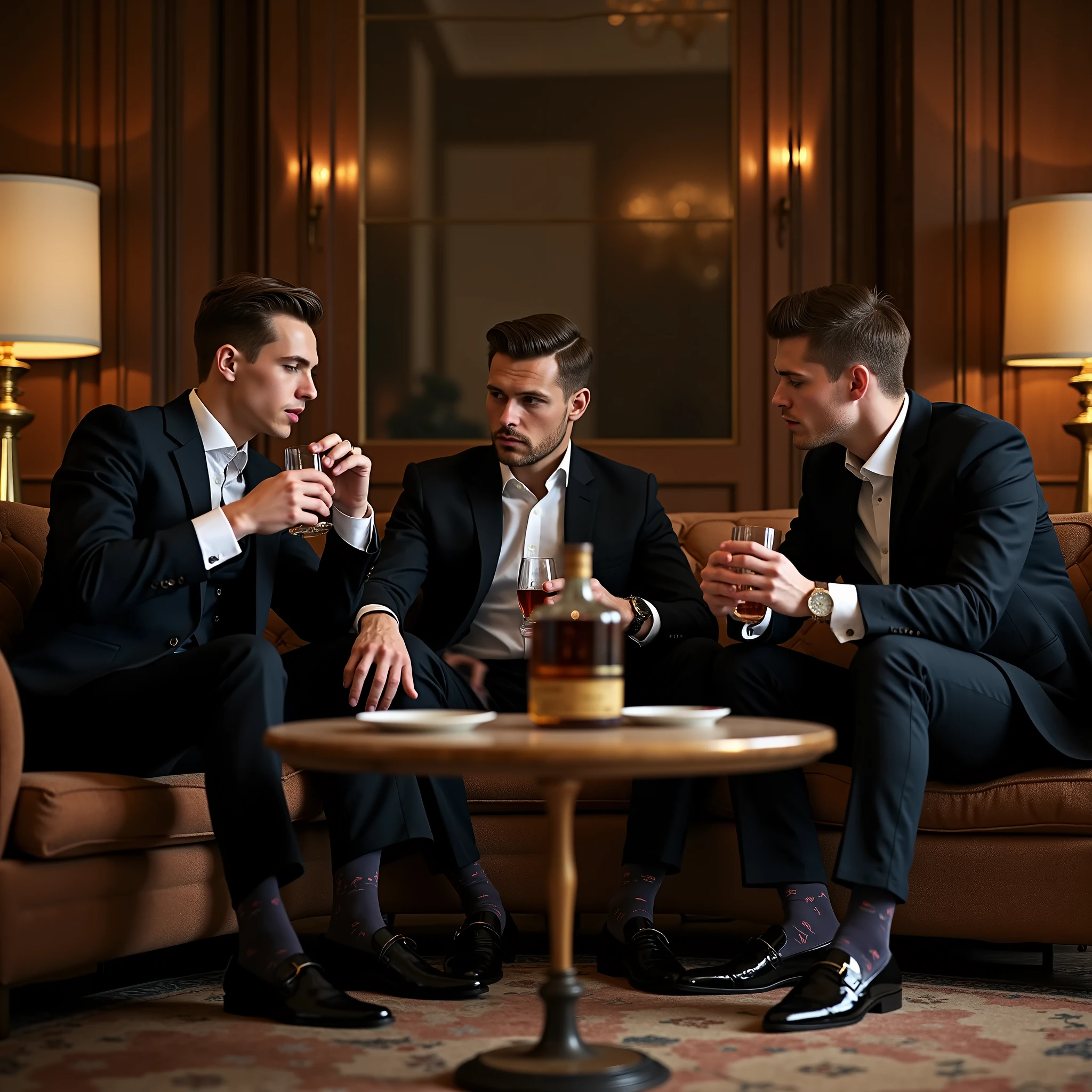 full body view of 3 different young members of the elite white men's club advocating unlimited wealth and power, seated drinking whisky in the livingroom of the luxurious mansion of one of them, dressed in fabulous dapper suits, thinnest fine silky pattern dark socks and elegant shoes, wearing most expensive watches, precious ring, extremely chic preppy clean haircuts. Arrogantly arguying around a coffee table . Their shoes & socks must be seen