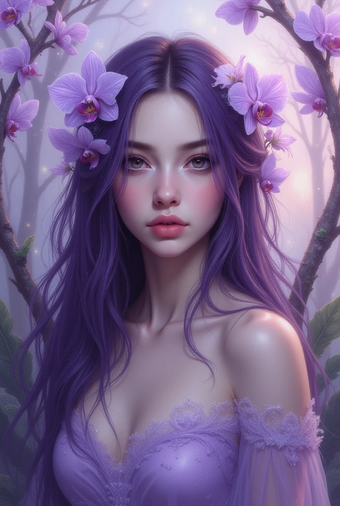 Purple hair Purple eyes Long hair Goddess Flower on head