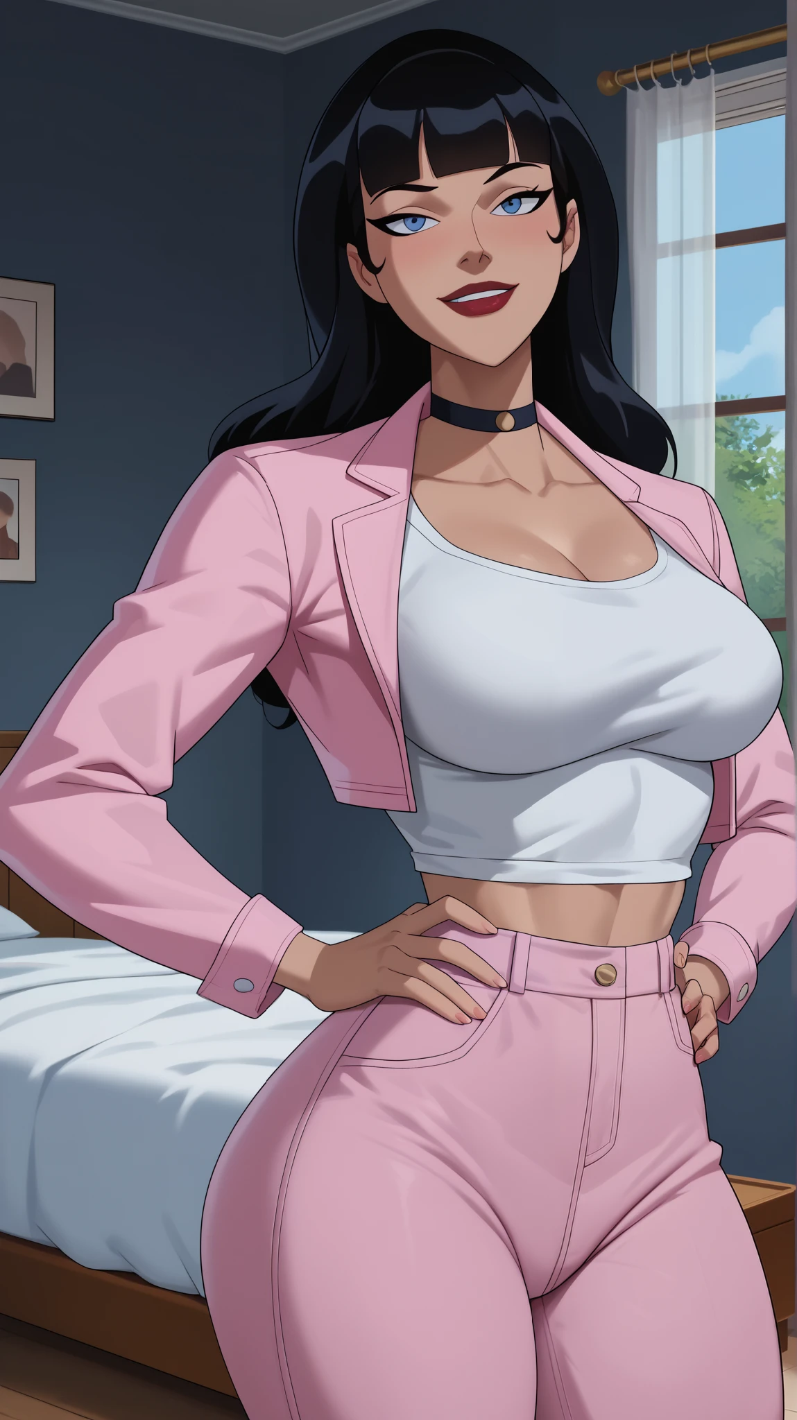 Score_9, Score_8_up, Score_7_up, Score_6_up, Score_5_up, Score_4_up, Source_cartoon, Tag1, Tag2, Quality_masterpiece, Anatomically correct, Beautiful face, Perfect face, Highly detailed beautiful face and eyes, Attractive face, Detailed face, Delicate facial features, Detailed skin, Wide hips, Huge butt, big butt, Thick thighs, Mature female, Bedroom eyes, Perspired BREAK Rating_safe, motherly face, bedroom, sultry woman, detailed eyes, looking at viewer, looking at viewer, mature female, young, sexy body, beautiful face, standing, Zatanna, long hair, blunt bangs, pink jeans, pink crop top, choker, indoors, smiling, closed mouth, red lipstick, large breasts, happy expression, blue eyes, pink leather jacket, black hair, open jacket, bedroom, hands on hips, seductive pose, sexually suggestive pose