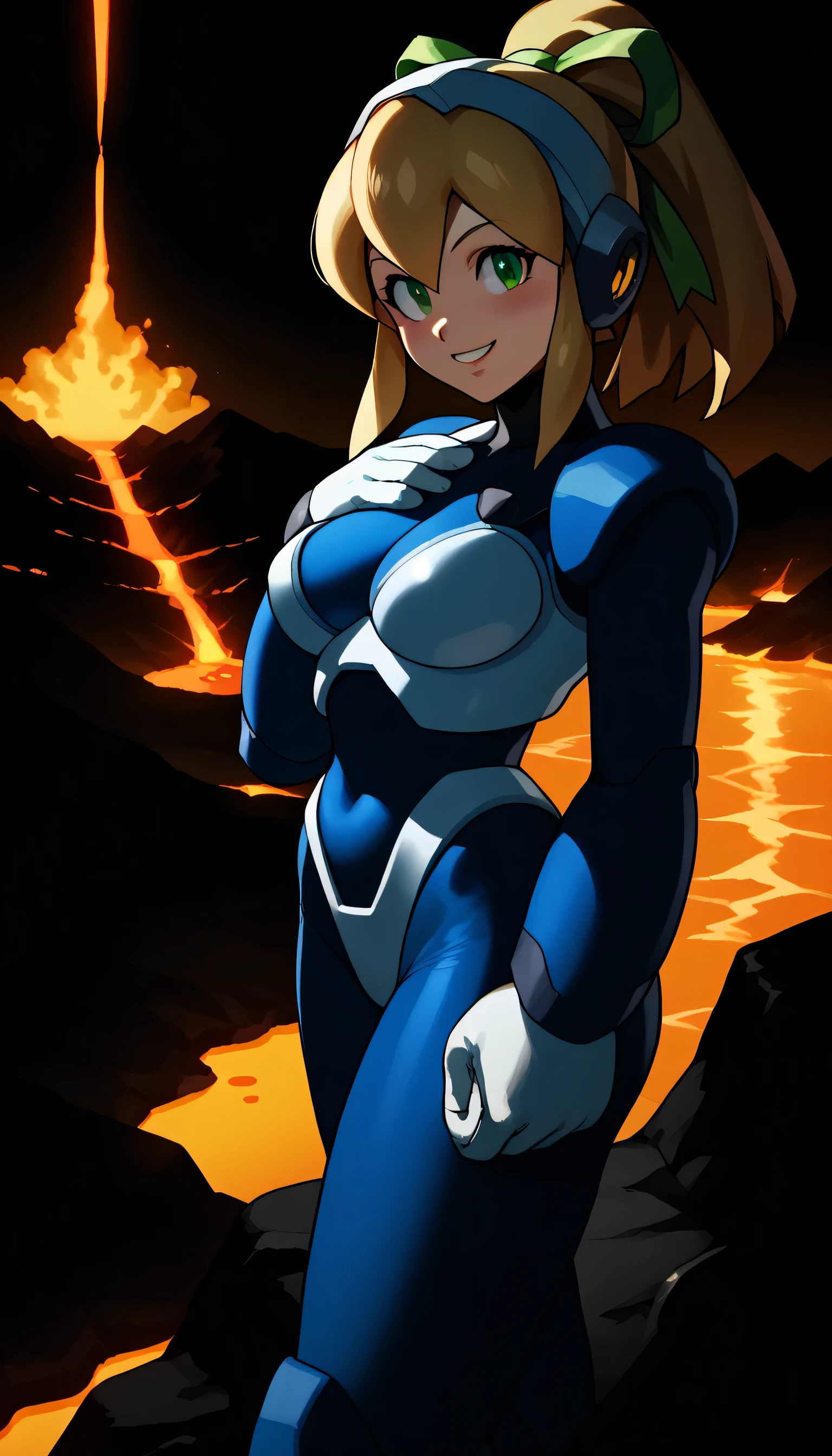 Large breast, ,Give your images flat even illumination (negative) or dramatic chiaroscuro lighting (positive). ,1girl, smile, breasts, looking_at_viewer,Roll (Mega man), android, long hair, blush, bangs, blonde hair, green eyes, hair ribbon, ponytail, blue bodysuit, blue armor, helmet, Volcano, lava, fire, a futuristic place of lava