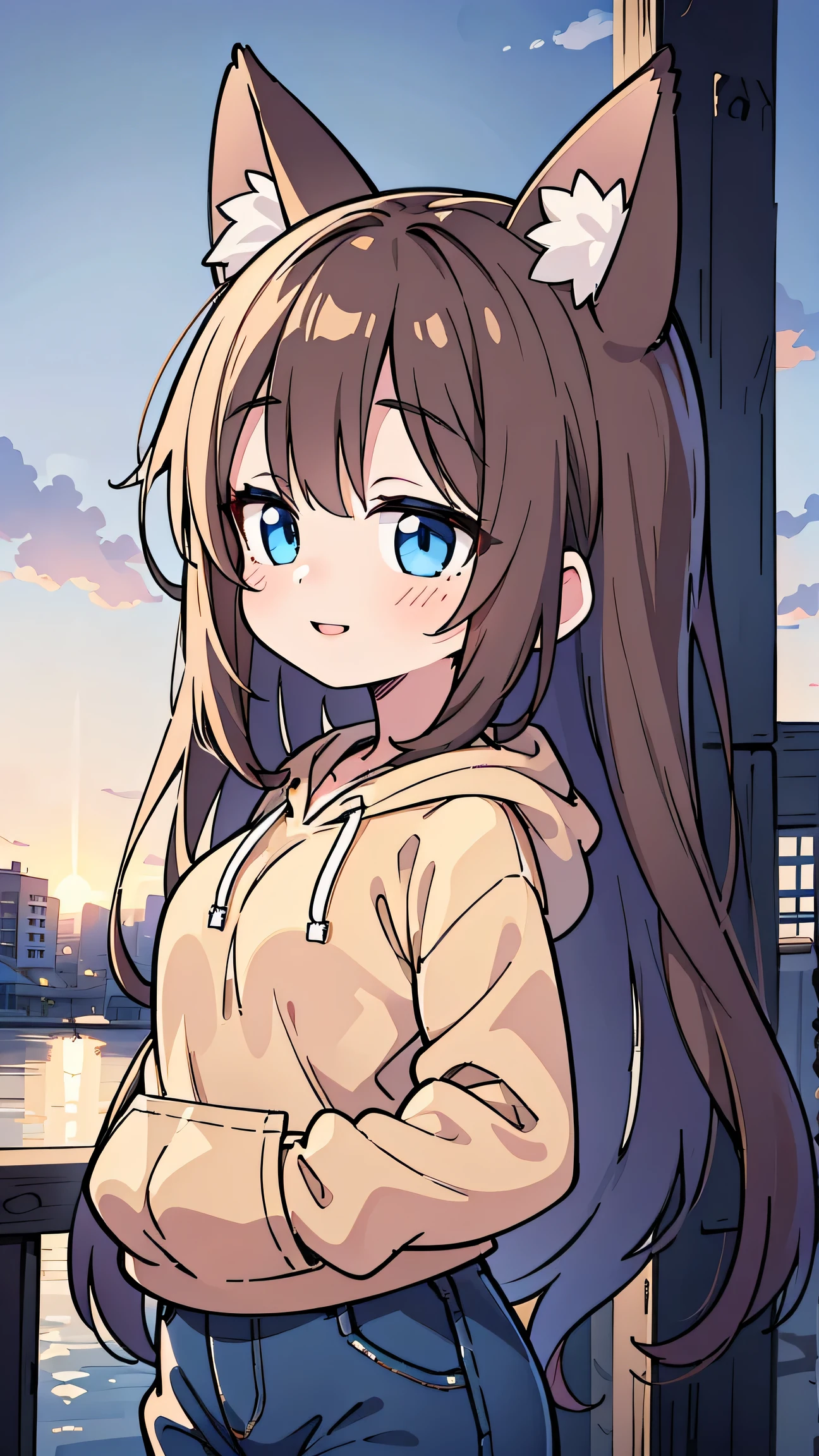 anime style、 fox ears、 brown hair、long hair、 woman、 blue eyes 、 smiles、 beige hoodie 、 jeans、 Bbo~、profile in landscape orientation from、 look up at the sky、 where there are a lot of dirty nets