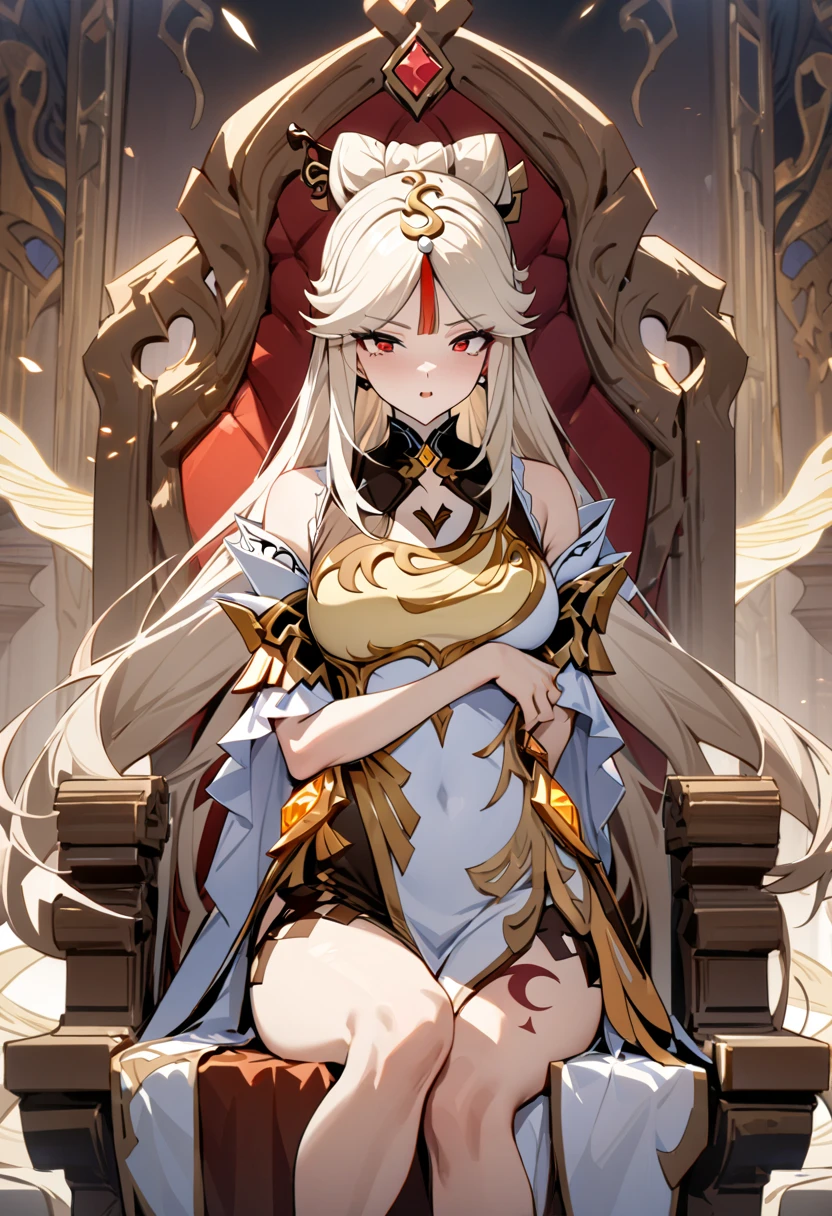 Chain bikini, chain crown, bare belly, big breasts, fire hair, red eyes, godness of fire, 