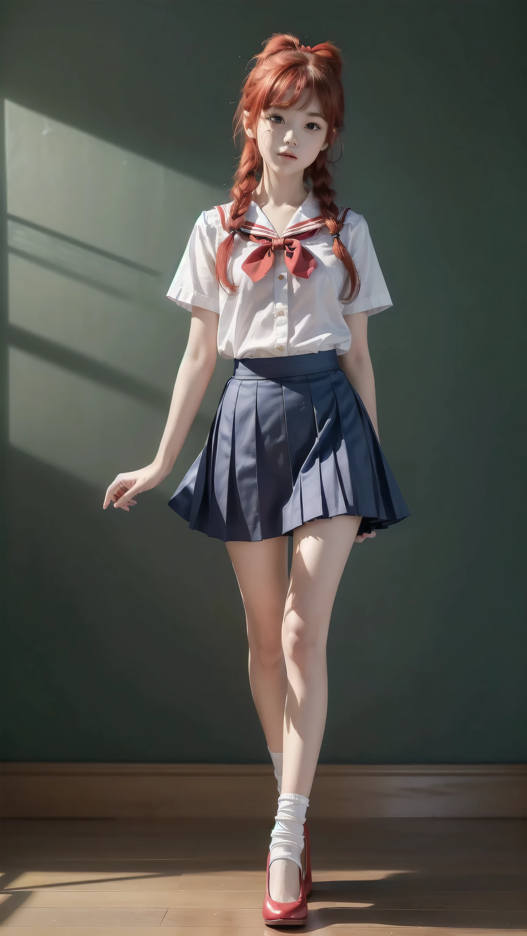 26 year old white woman、Hair color is reddish、Hair is wavy、Decorate your hair with a ribbon、Eye color is blue、Longhaire、A slender、a smile、Wearing a sailor suit、He wears an azuki-colored ribbon tie.、She's wearing a dark blue pleated skirt.、I'm wearing low heels、standing against an old concrete wall、a smile、Head-on perspective、Breast size、A slenderだが均整の取れた細マッチョな身体