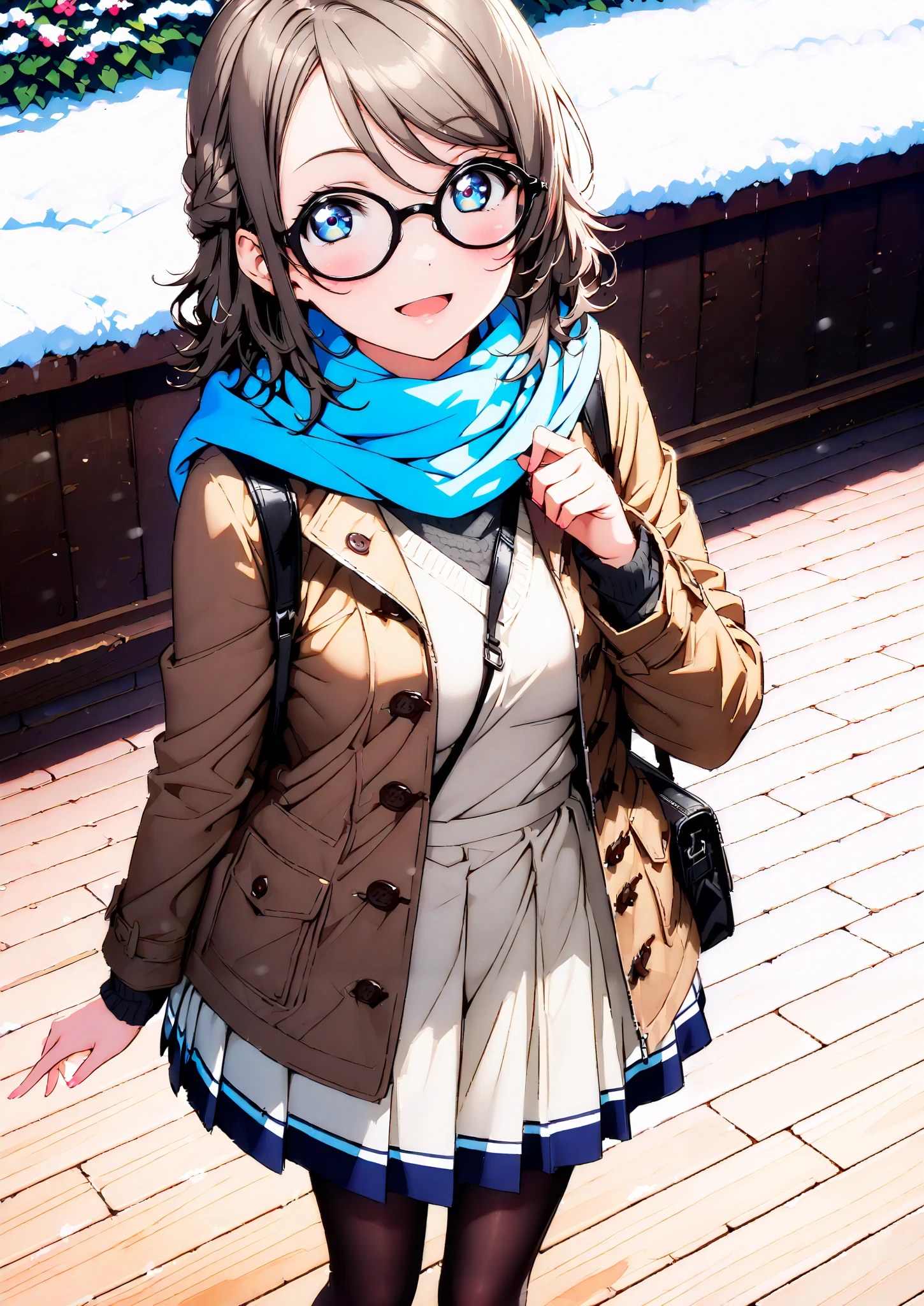 score_9, score_8_up, score_7_up, Alone, 1 girl, Watanabe, short hair,Medium breast,half updo,Glasses,smile,opens her mouth,white breath,blush, duffle coat,(sweater :1.2),( turtleneck:1.2),blue scarf , white long skirt,black pantyhose,shoes, snow boots ,snow,morning,standing,full bodyがイラストに入るように,
break outdoors, residential area,
break looking at viewer,full body,
break (masterpiece:1.2),Highest quality , kampala, Unity 8K Wallpaper ,(shape:0.8),( fine, beautiful eyes :1.6),It's a person ,full body写真,CG Details , (perfect hands, complete anatomy),