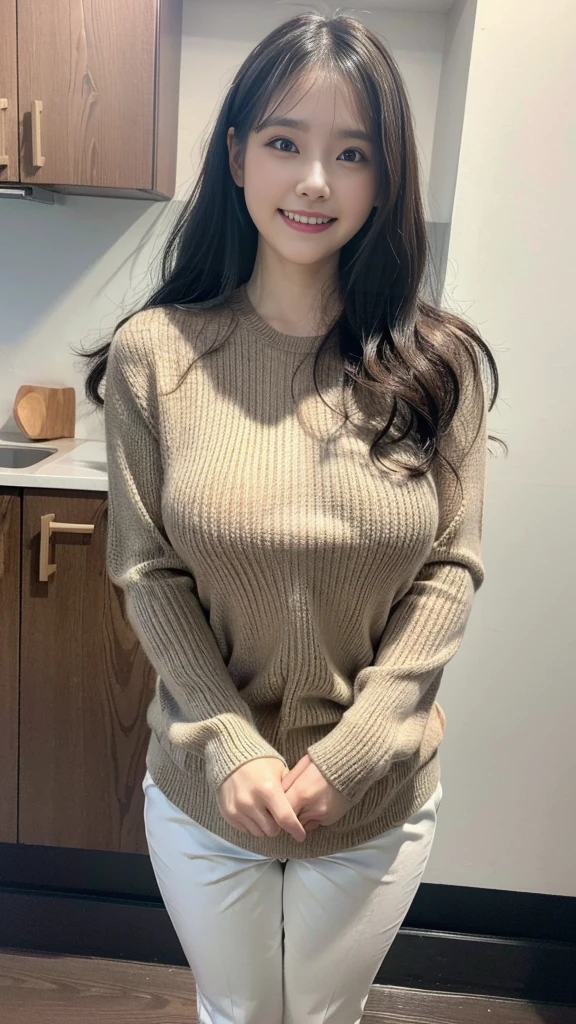 masutepiece, Best Quality, Illustration, Ultra-detailed, finely detail, hight resolution, 8K Wallpaper, Perfect dynamic composition, Beautiful detailed eyes, Mocha long sleeve knit dress,Straight hair,Small breasts natural color lip, Randomly sexy poses,Smile、20 years girl、Cute、Sexy shot looking at camera,Perfect and beautiful face