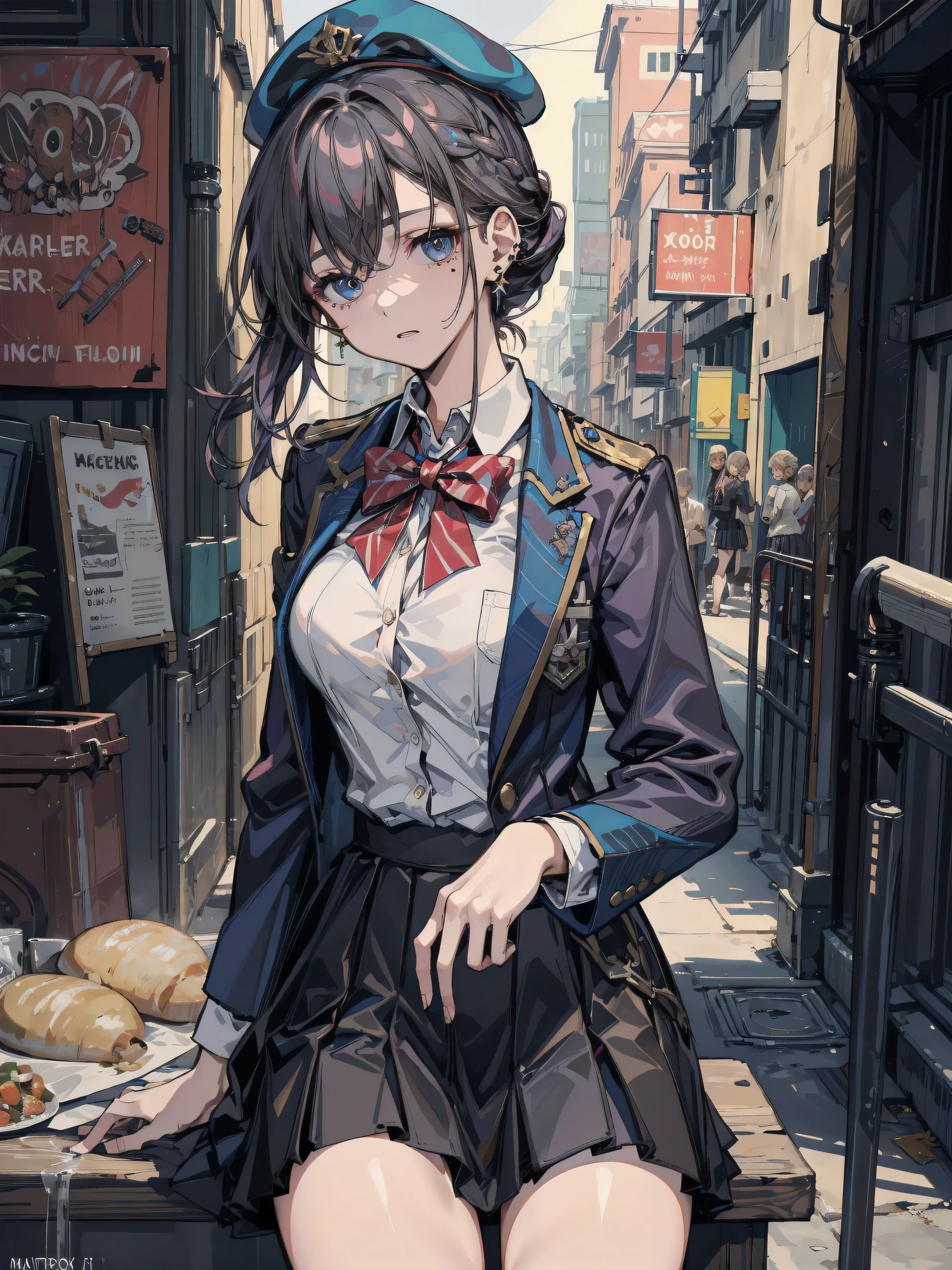 incredibly absurdres, RAW photo, extremely delicate and beautiful, masterpiece, Highest Quality, ultra high resolution, 32k, hyper realistic, ultra-detailed description, mole under eyes, earring, large breasts, hair behind ear, half updo, outdoor, cowboy shot, black hair, beret, skirt, school uniform, blazer, sitting,