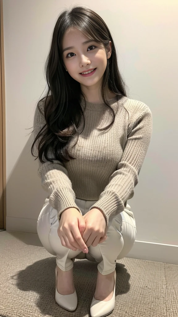 (Best quality, masterpiece, detailed), (RAW, 4k, hd images), shy, 1 girl, 17 years old, white skin, long hair, ponytail, layers hair, bangs, black hair, beautiful girl, cute girl, sweet girl, pretty girl, perfect girl, pretty eyes, blue eyes, thin lips, thin, (eye line, lip stick soft), perfect , glasses(detailed frame), indoors, smile, thigh, oversize clothes, sitting, pose like a model, facing on camera, full body, full legs
