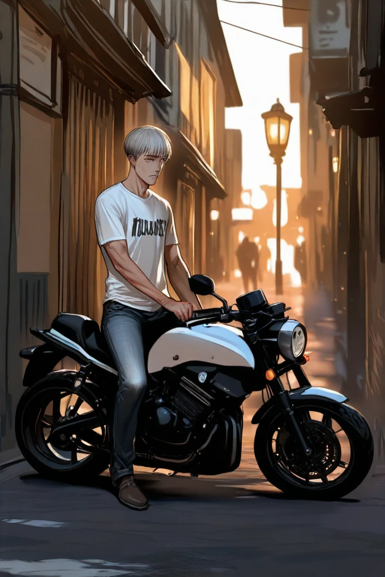 (best quality), (high quality), (detailed), (masterpiece), (absurdres), a portrait of a young man, 1man, looking at the camera, realistic, (cute:1.2), (handsome:1.2), masculine features, toned, tanned skin, short hair, fade side, (((spiky hair))), blonde hair, (((wearing tight tank top, white pants, shoes:1.5))), (((riding motorcycle:1.5))), outdoor, road, highway, (neon lights:1.3), urban, buildings, cyberpunk, street lighting, street lights, photograph, hdr, depth of field, 35mm, dslr shot, canon, 100 ISO, dynamic lighting, vibrant colors, octane render, ((8k)), (sharp focus), beautiful hands, detailed fingers, <lora:add_detail:0.65>, slender body, thin muscular body, toned, GS-DeFeminize