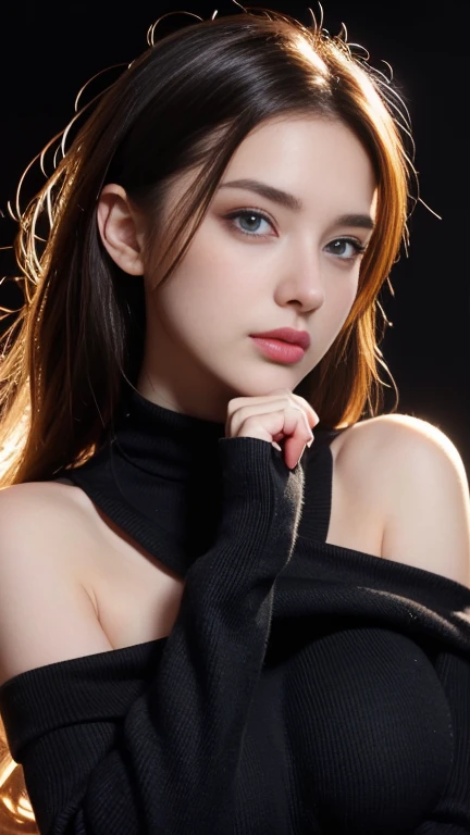 ultra high resolution, masterpiece, best quality, perfect glowing skin, perfect lighting, detailed lighting, dramatic shadows, Ray tracing, Black Sweater, looking at the audience, Off the shoulders, big breasts, Naked trench, blue eyes, National Science Foundation, ((dark background)), Sexy face, Facial expressions when you are happy, Open mouse,