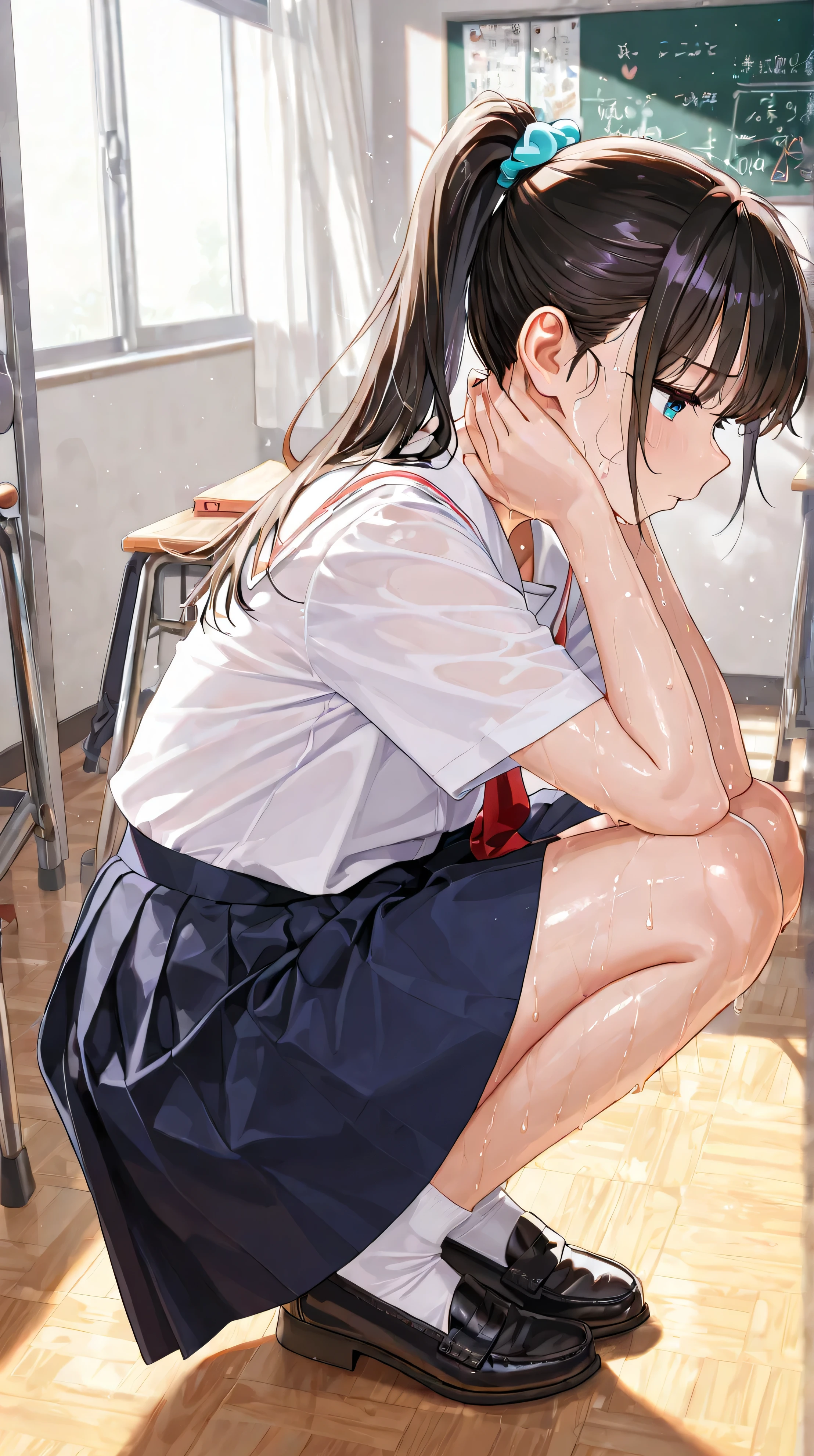 ((masterpiece,Highest quality;1.3,best illustration,realistic)),Being forced to expose your underwear、1woman、solo,25 year old Japanese beauty,((very small head:1.3)),center parted bangs,forehead,black hair,long hair,black eyes,gorgeous eyes,tears,shy,sad,medium breasts,((very long body)),((toned body,slender body,skinny)),gleaming skin,shiny skin,oily skin,(White tank top、No sleeve、Dark blue pleated mini skirt、A rolled up skirt)、White panties、Love juice,library、Tokyo、