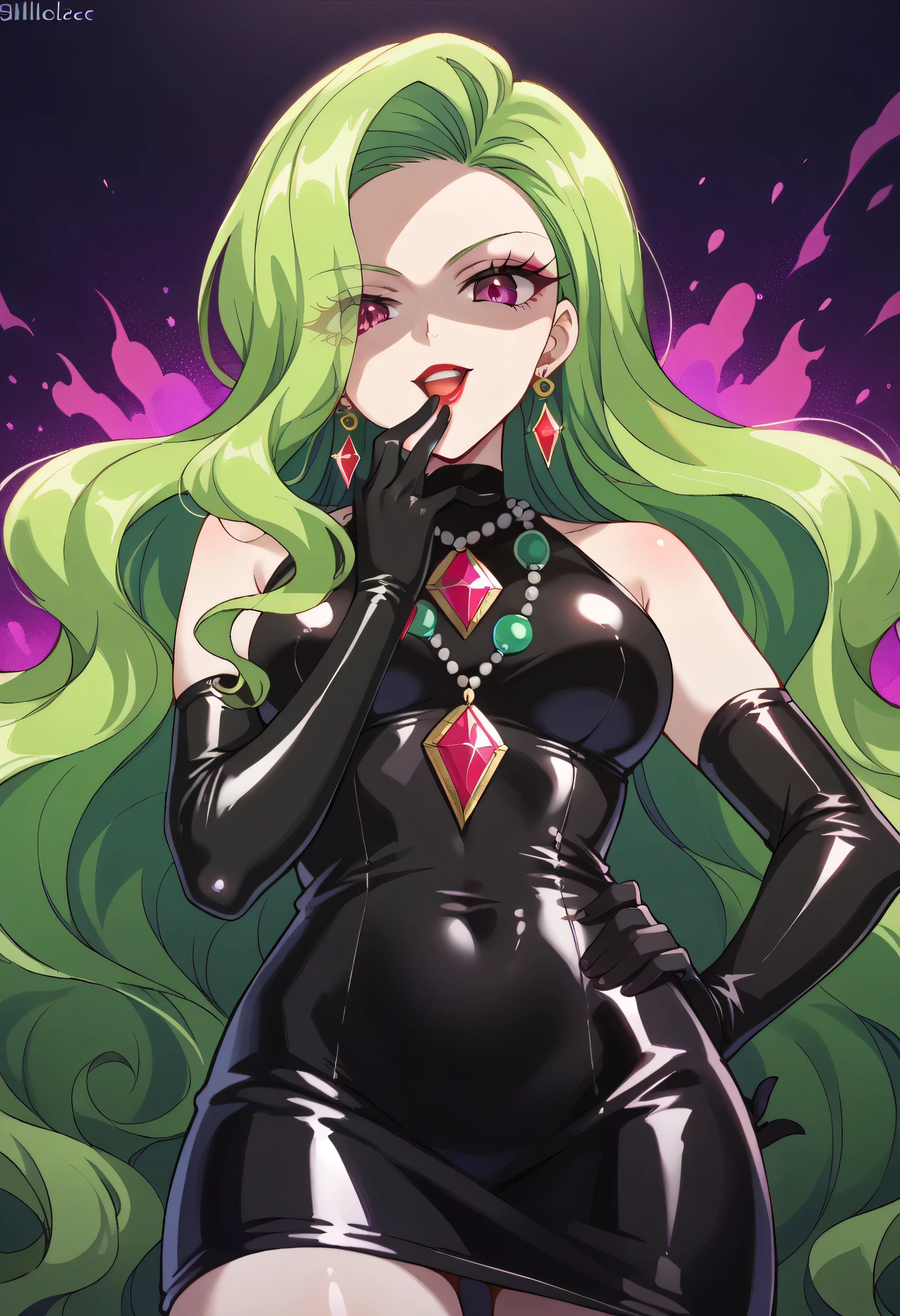 1 girl, cute face, green hair, very long hair, wavy hair, blacklatex alone, gloves, red lipstick, makeup, elbow-length gloves, eye shadow, bare shoulders,shiny black latex dress, gem necklace,gigant amethyst earrings, black and purple background,very evil laugh out loud,Shaded face(eyes in shadow), dark aura,opens your mouth wide,Too Strong Malice、Laughs Most Wickly、Self-conceit,from below,looking down at viewer,hand on mouth,hand on hip,