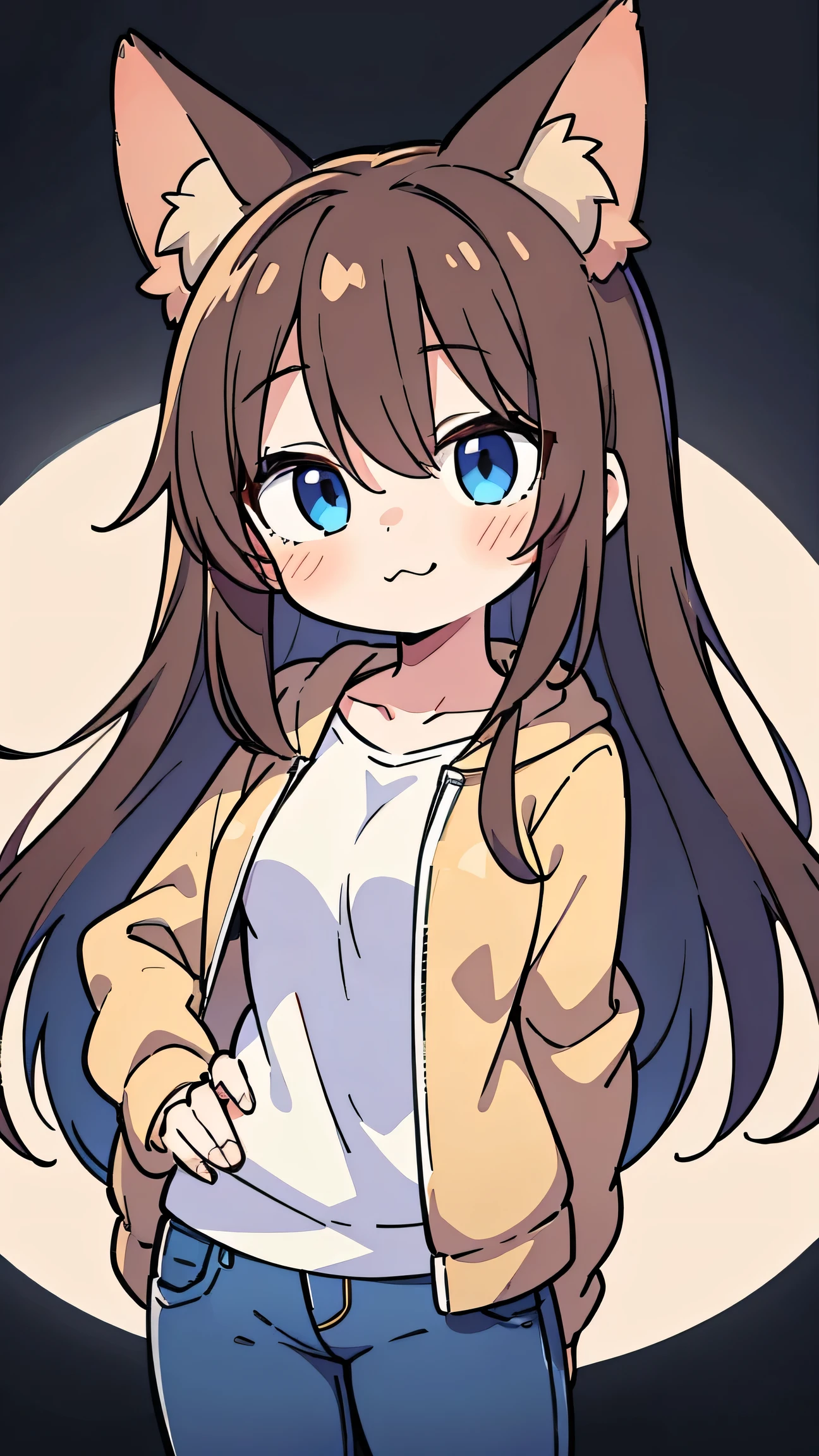 anime style、 cute face、 girls on the left、Fox Ears、brown hair、 blue eyes、 long hair、 Beige Jackets 、jeans
