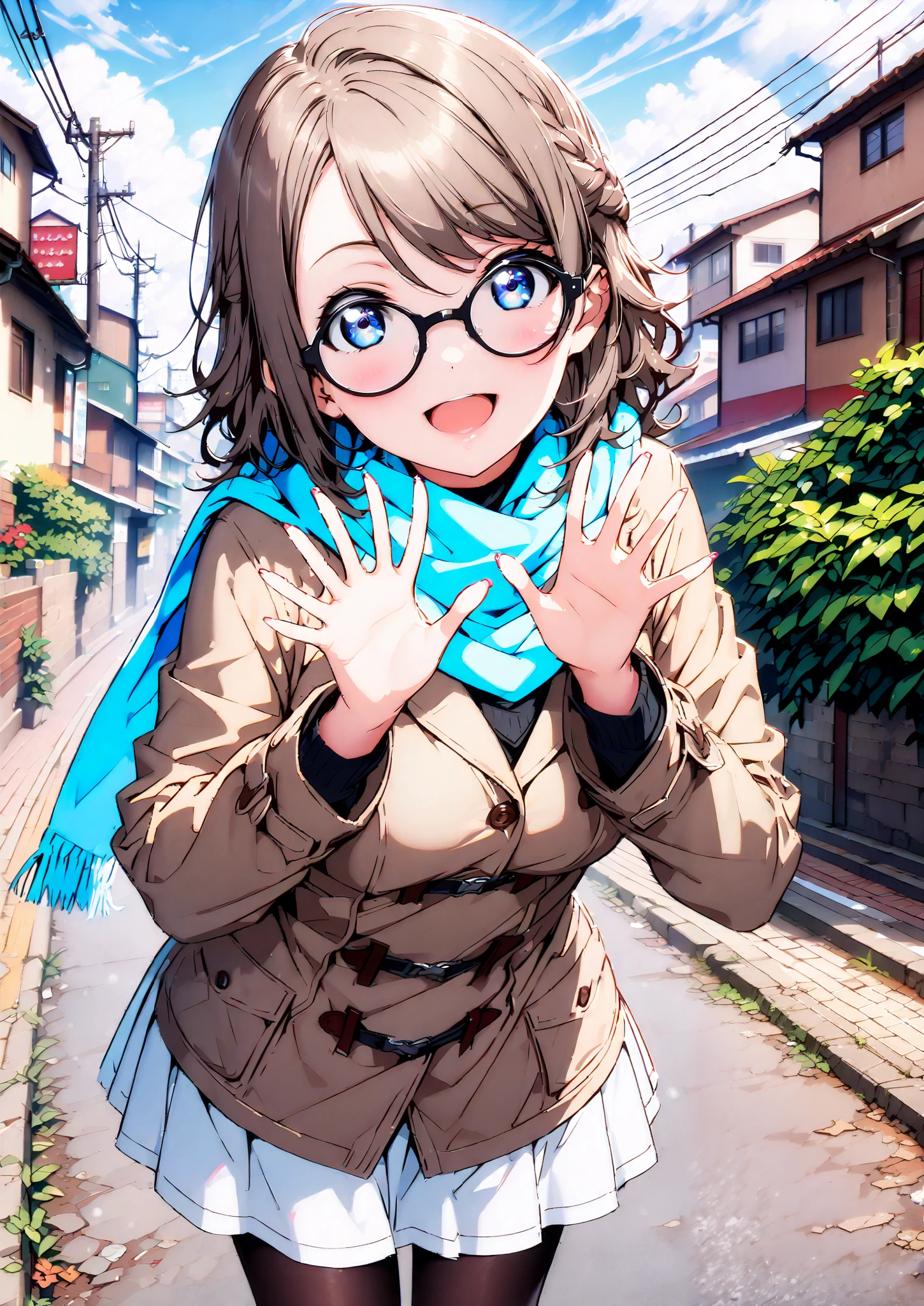 score_9, score_8_up, score_7_up, Alone, 1 girl, Watanabe, short hair,Medium breast,half updo,Glasses,smile,opens her mouth,white breath,blush, duffle coat,(sweater :1.2),( turtleneck:1.2),blue scarf , white long skirt,black pantyhose,shoes, snow boots ,snow,morning,standing,full bodyがイラストに入るように,
break outdoors, residential area,
break looking at viewer,full body,
break (masterpiece:1.2),Highest quality , kampala, Unity 8K Wallpaper ,(shape:0.8),( fine, beautiful eyes :1.6),It's a person ,full body写真,CG Details , (perfect hands, complete anatomy),
