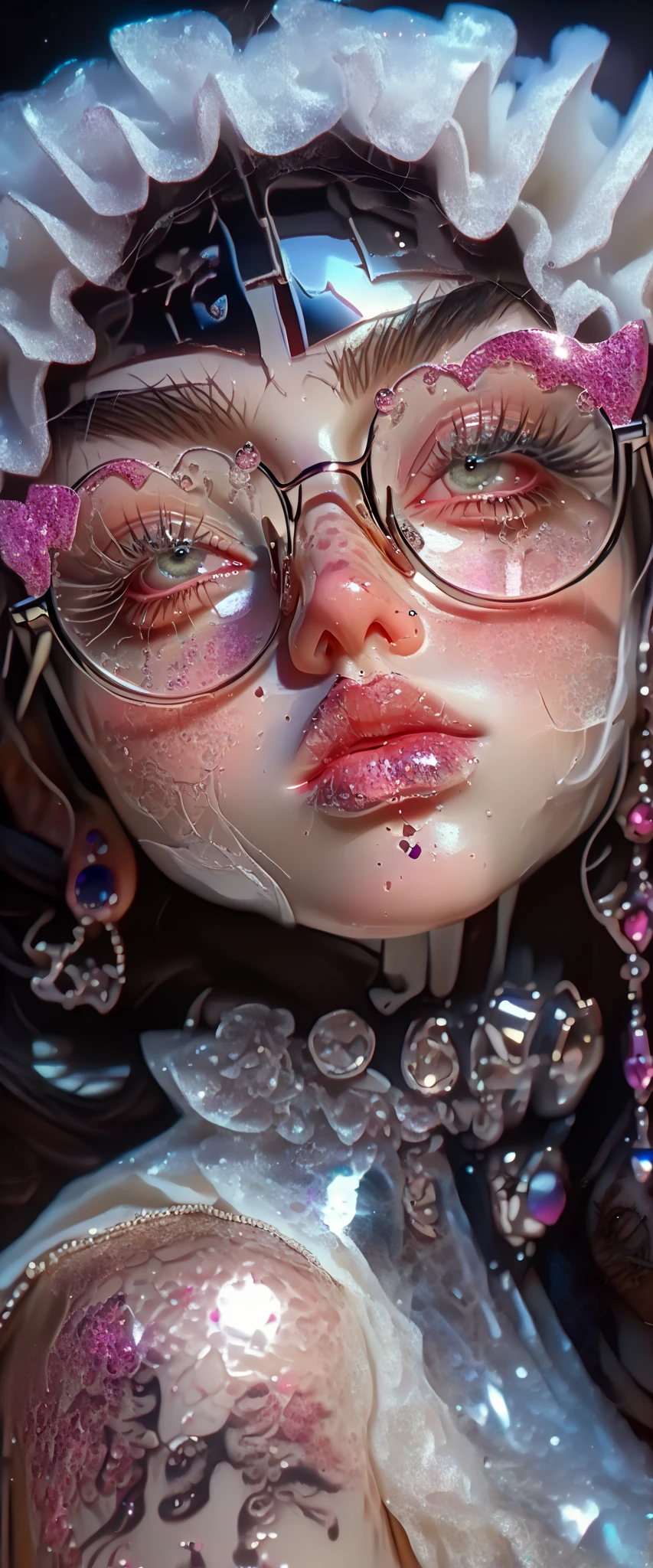 ((centered image, a close up of a beautiful woman with exaggerated features caricaturized in the kawaii style :1.52, thick and plump lips with kissable glitter , large with glitter and reflections , false eyelashes and long eyes :1.5 , Beautiful face of a cyberpunk girl , great digital art with details, wearing glasses you can see the reflection in the glasses of the glasses :1.5)), digital art. masterpiece of the body , Detailed woman, full lips in the style of Angelina Jolie , Long False Eyelashes , eye makeup blushed lips and cheeks , wears earrings all over the ear like piercings and has a ring embedded in the ovum of the ear, a piercing on the lips and nose , , Brandon Woelfel, tattooed face, tattoos and piercings, realistic digital art 4k, realistic digital art 4 k, tattoo style, cyberpunk art style, Girl with glasses , Chiaroscuro, cinematic lighting , Optical illusion , high definition , U high definition , retina, body masterpiece of the body , Precise, Anatomically correct , Textured skin, super detail , tall details , High quality, awarded , falda de High quality, highres, 1080P, high definition , 16K