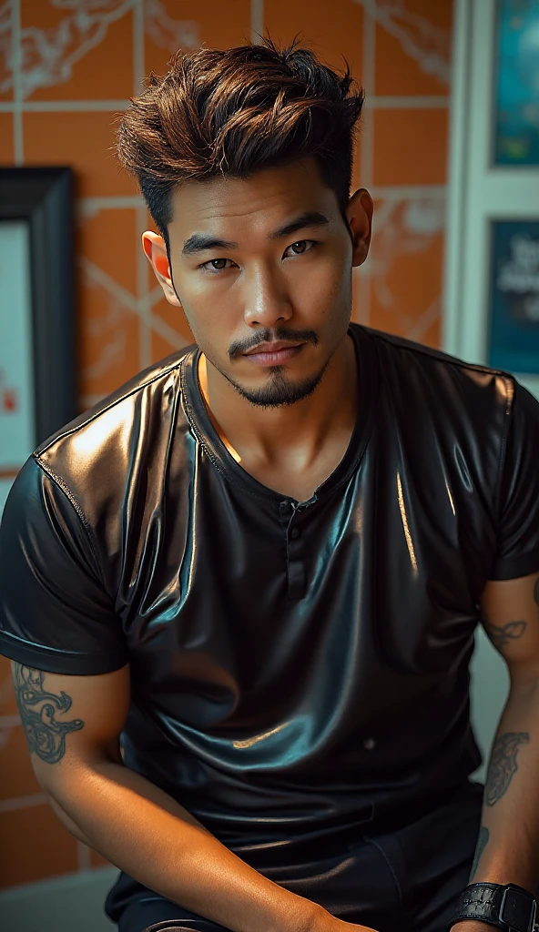 create a hyper realistic a handsome malay man who have a big muscular body builder with fair skinned. he wearing a black latex rubber bodysuit fullset are lying in bed while his body was tied with a rope and his eyes were covered using a blindfold. his hair is messy and wet. high quality photo. detailed.