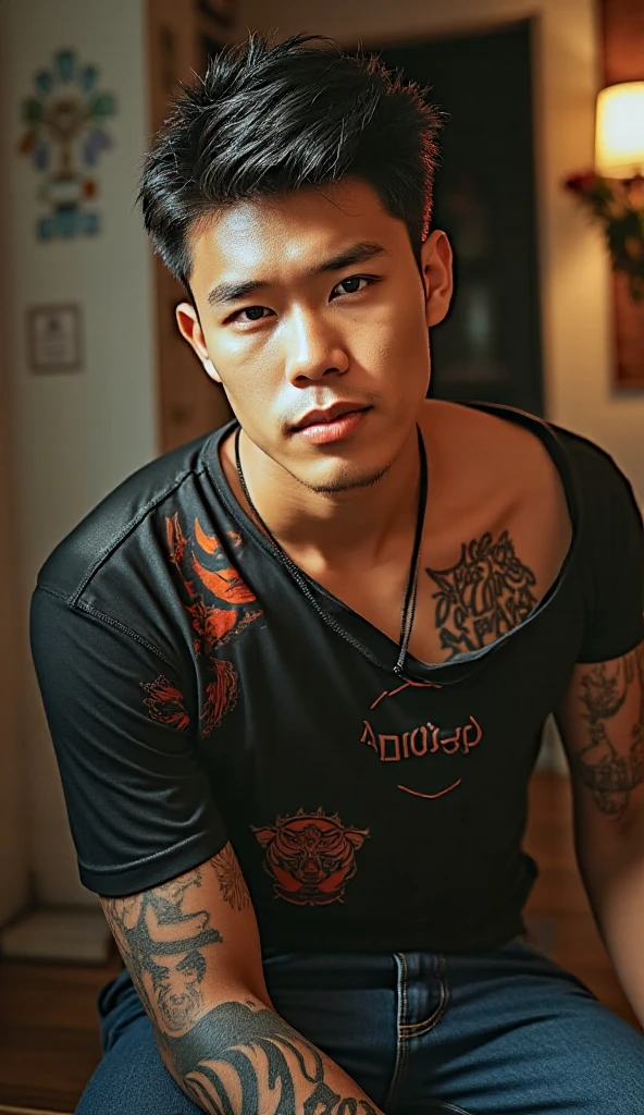 Character design realistic drawing young male light skin muscular tatto with name “ruy” AI realistic background bedroom
