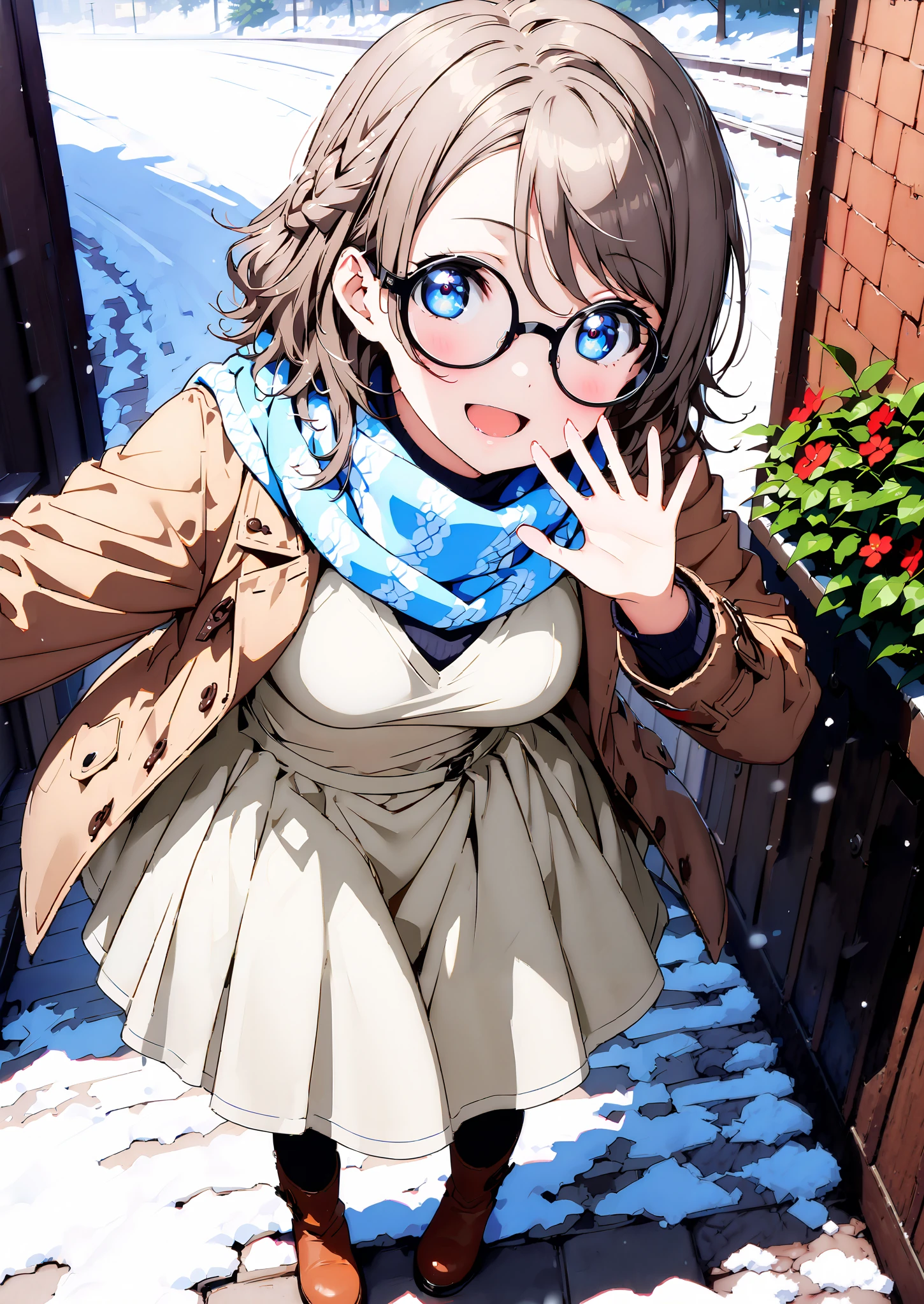 score_9, score_8_up, score_7_up, Alone, 1 girl, Watanabe, short hair,Medium breast,half updo,Glasses,smile,opens her mouth,white breath,blush, duffle coat,(sweater :1.2),( turtleneck:1.2),blue scarf , white long skirt,shoes, snow boots ,snow,morning,standing,full bodyがイラストに入るように,
break outdoors, residential area,
break looking at viewer,full body,
break (masterpiece:1.2),Highest quality , kampala, Unity 8K Wallpaper ,(shape:0.8),( fine, beautiful eyes :1.6),It's a person ,full body写真,CG Details , (perfect hands, complete anatomy),