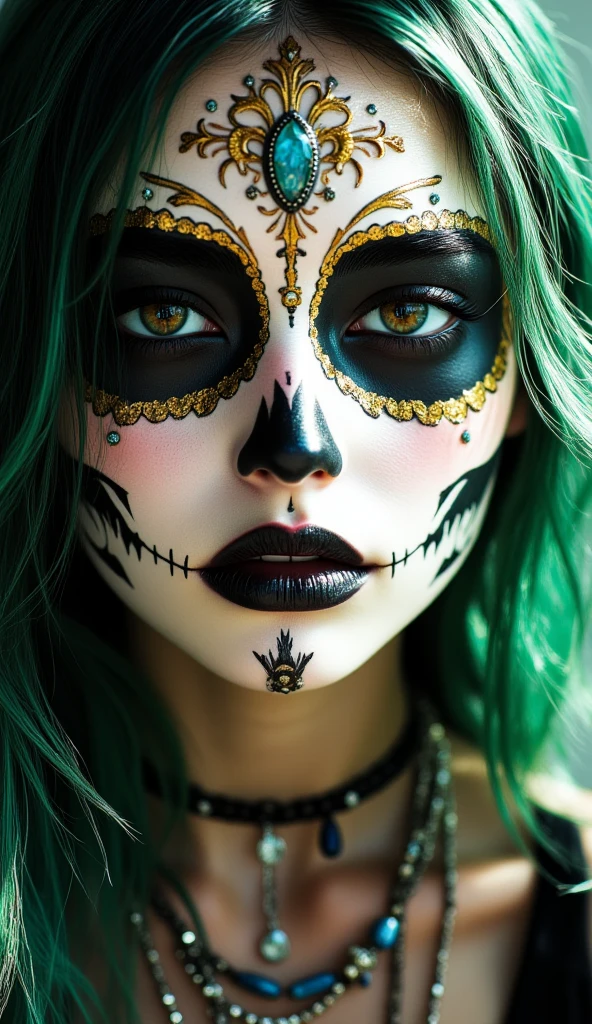 A captivating woman A face adorned with makeup or complex, resembling a decorated skull, often associated with Day of the Dead celebrations, art with detailed gold designs adding an ornate touch with white skin speckled with gemstones, contrasting with her long green hair. Your black lips, fleshy and shiny , carry an ominous touch. Her eyes are cybernetic implants adorned with several piercings in her nose and ears, as well as several shiny rings and necklaces.Ultra-detailed image with dynamic and spectacular lighting. High-resolution 4K and 3D HD image