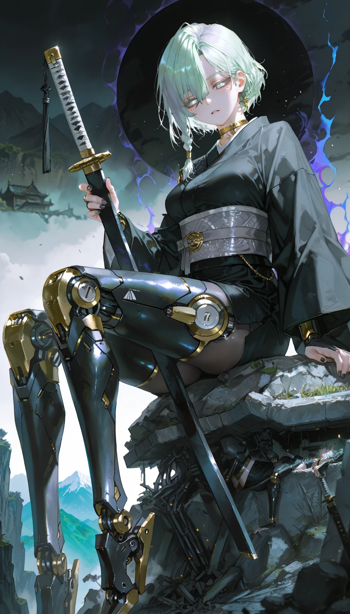 (artist:quasarcake:1.1),(artist:reoen:0.826446),(artist:rhasta:0.9),(artist:wlop:0.7),(hiten \(hitenkei\):0.6),  blurry foreground,ray tracing,absurdres,  1girl,solo,adult,mature woman,mature female,  (exoskeleton, mechanical arms, mechanical legs, mechanical body, android, robot girl:1.2), medium short hair, silver hair, hair between eyes, long bangs, braided sidelock, colored eyebrows, colored eyelashes, white eyes, bright green pupils, shining pupils, (mole under left eye:1.1),  expressionless,parted lips,  shiny skin,medium breasts,thighs,legs,  black nails, gold choker, black kimono, turtleneck, black bodysuit, detached sleeves, (long sleeves:1.1), bridal gauntlets, grey sash, short skirt, black pantyhose,  murim world,murim architecture,a chinese castle,in the ruins,mountain,scenery,chinese village scenery,daytime,outside,  sitting,on a stone,legs on level,holding a long katana,sheated katana,  detailed eyes,beautiful lighting,beautiful shadows,  perfect anatomy,perfect body,mature body,  from side below,  dark atmosphere,dark aura,magical aura,lights particles,dusty air,  
,masterpiece,best quality,amazing quality,  