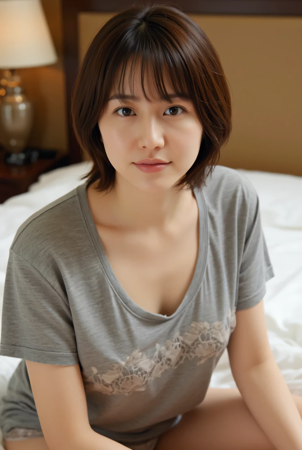 (realistic、photo realistic:1.1)、1 girl、(bob hair, shortcuts, brown hair)、hotel、sitting on bed、 t-shirts、 lace bra、(lingerie: 1.2), nsfw, beautiful breasts, beautiful skin, Looking straight at the camera、of shirt dresses very well detailed、Ultra High Quality