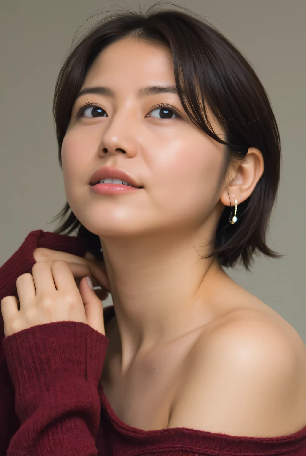 ((Highest quality, 8k, masterpiece: 1.3)), sharp: 1.2, perfect body beauty: 1.4, slim abs: 1.2, (( nudes、Big Breasts: 1.2)), ((( ribbed sweater :1.3, off-shoulder sweater))), shorts when sitting:1.2, shoulder out, ((( underbob: 1.1))), close-up face: 1.0, very fine face and skin texture, beautiful eyes, double eyelids, ((( looking up at the camera from below)))
