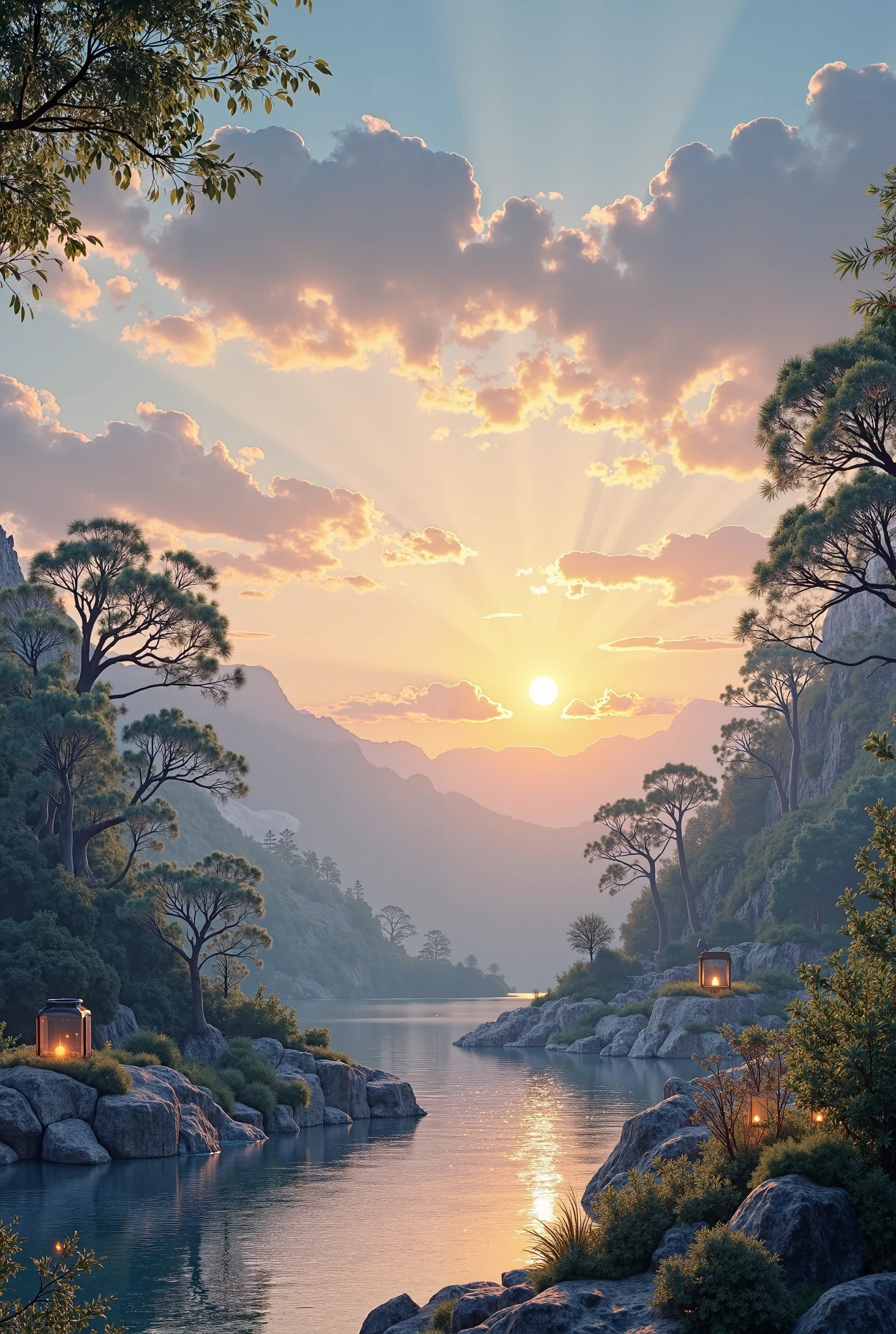 Painting of a sunset over a lake with a house and trees - SeaArt AI