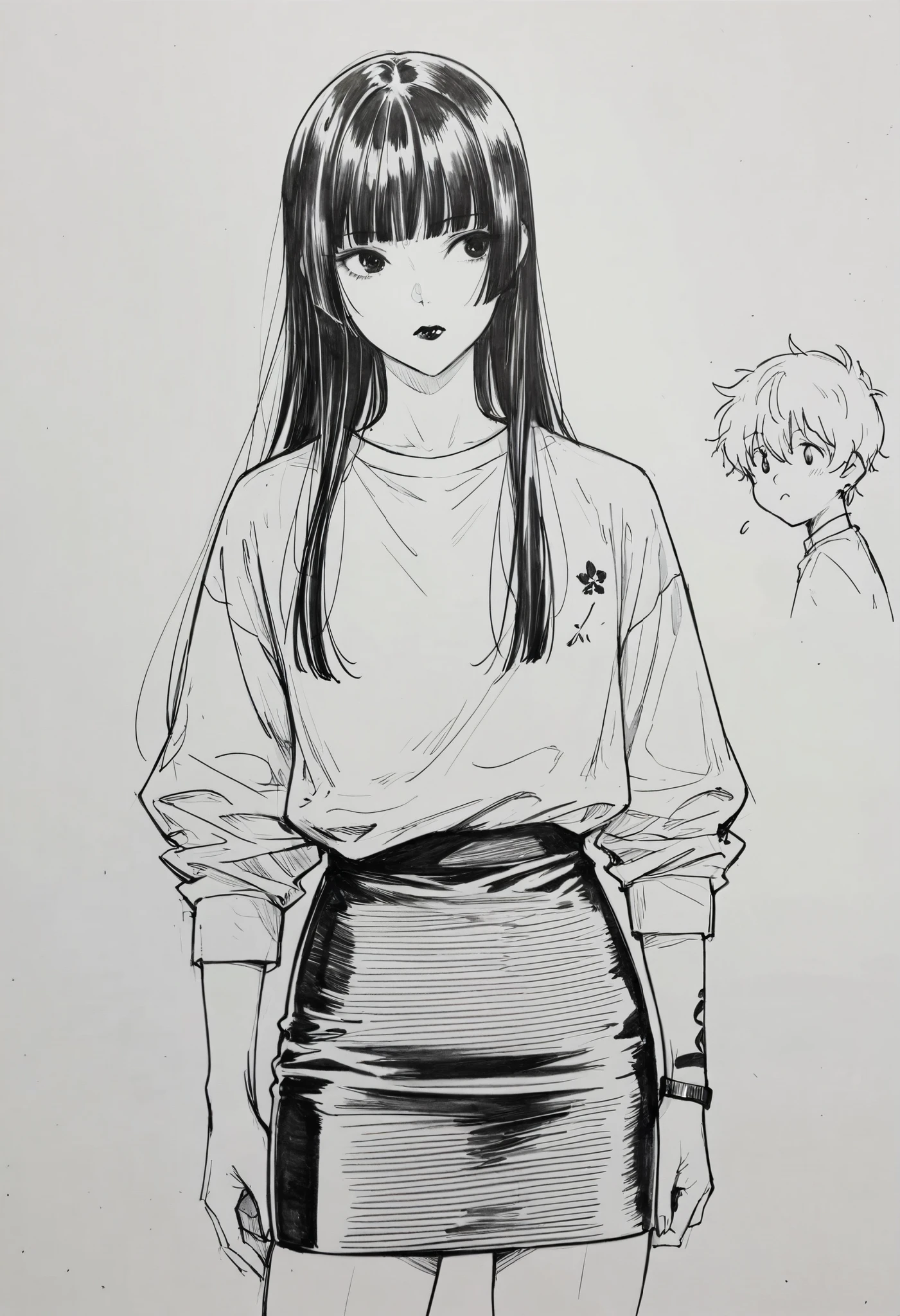 score_9, score_8_up, score_7_up, score_6_up, score_5_up, score_4_up, BREAKsketch, shinji_chibana_artstyle, traditional pencil style, pencil drawing, monochrome, detailed background, detailed background, Asian, white shirt, black skirt, rolled up sleeves, sunny, lovely, hime cut hair, curious face, black lips, black eyes, tattoos,(((man)))