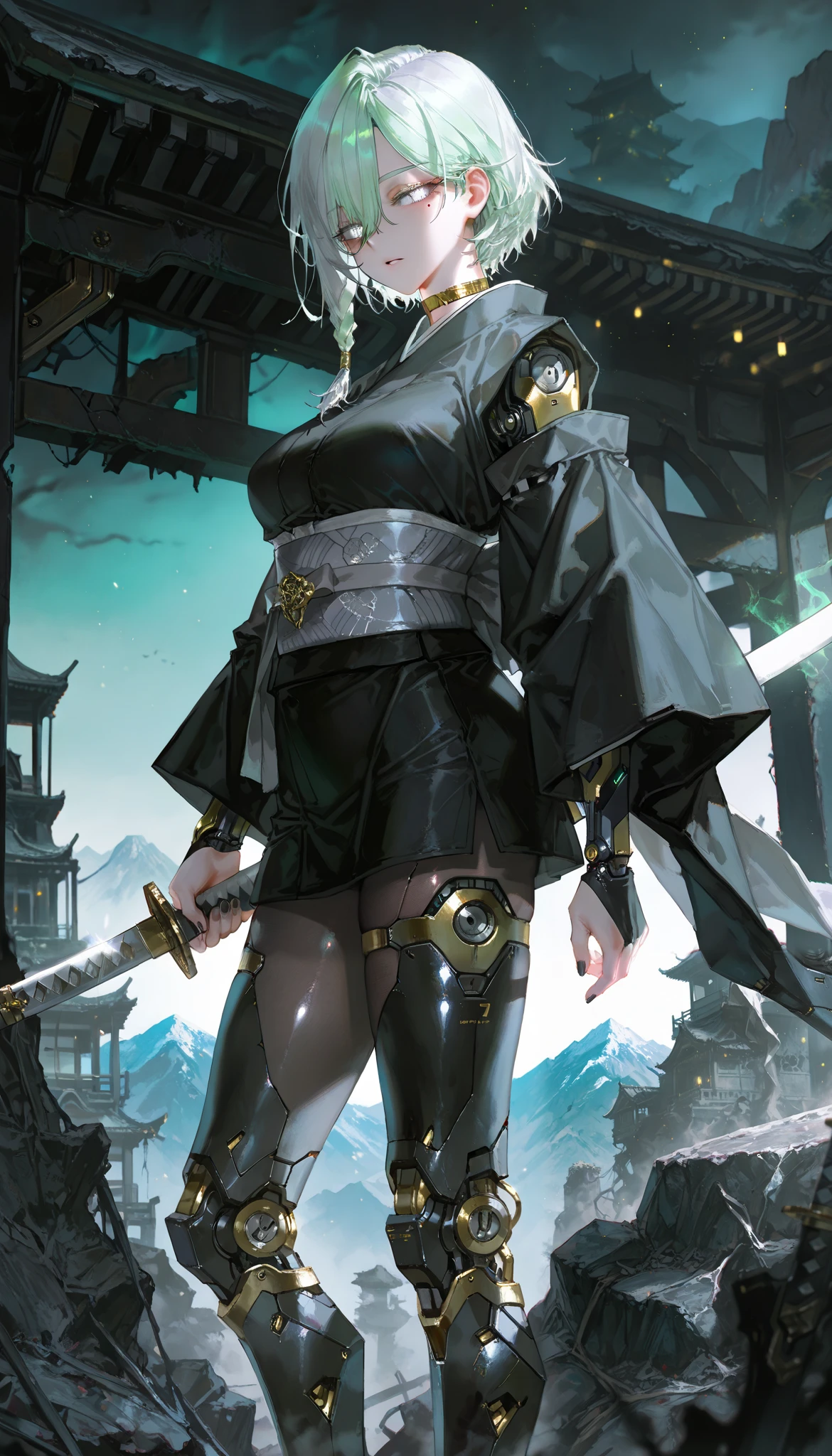 (artist:quasarcake:1.1),(artist:reoen:0.826446),(artist:rhasta:0.9),(artist:wlop:0.7),(hiten \(hitenkei\):0.6), blurry foreground,ray tracing,absurdres, 1girl,solo,adult,mature woman,mature female, (exoskeleton, mechanical arms, mechanical legs, mechanical body, android, robot girl:1.2), medium short hair, silver hair, hair between eyes, long bangs, braided sidelock, colored eyebrows, colored eyelashes, white eyes, bright green pupils, shining pupils, (mole under left eye:1.1), expressionless,parted lips, shiny skin,medium breasts,thighs,legs, black nails, gold choker, black kimono, turtleneck, black bodysuit, detached sleeves, (long sleeves:1.1), bridal gauntlets, grey sash, short skirt, black pantyhose, murim world,murim architecture,a chinese castle,in the ruins,mountain,scenery,chinese village scenery,daytime,outside, standing,on a stone,looking at viewer,legs on level,holding a long katana,unsheated katana,pulling the katana out, detailed eyes,beautiful lighting,beautiful shadows, perfect anatomy,perfect body,mature body, from side, dark atmosphere,dark aura,magical aura,lights particles,dusty air,
,masterpiece,best quality,amazing quality,