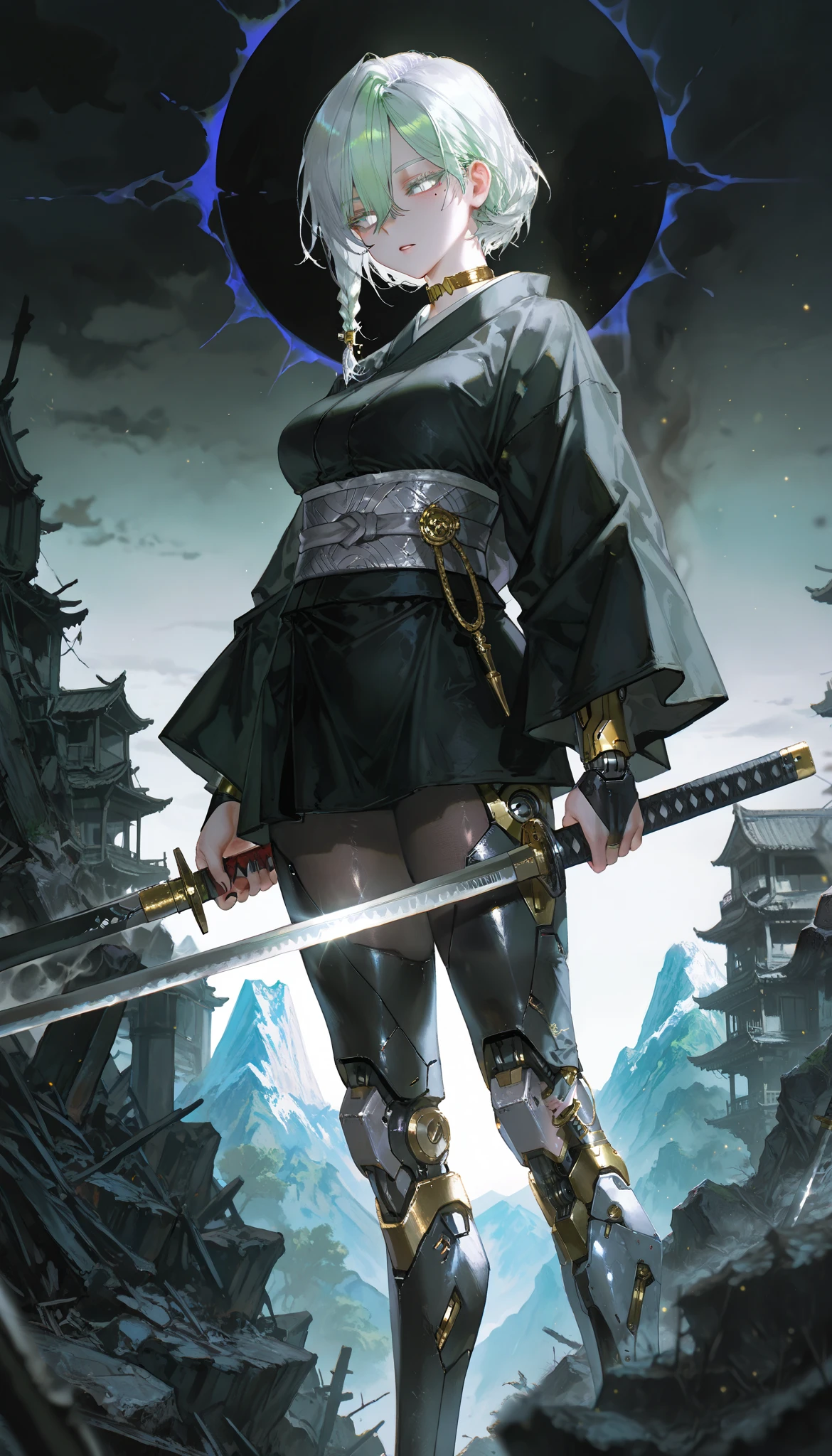 (artist:quasarcake:1.1),(artist:reoen:0.826446),(artist:rhasta:0.9),(artist:wlop:0.7),(hiten \(hitenkei\):0.6), blurry foreground,ray tracing,absurdres, 1girl,solo,adult,mature woman,mature female, (exoskeleton, mechanical arms, mechanical legs, mechanical body, android, robot girl:1.2), medium short hair, silver hair, hair between eyes, long bangs, braided sidelock, colored eyebrows, colored eyelashes, white eyes, bright green pupils, shining pupils, (mole under left eye:1.1), expressionless,parted lips, shiny skin,medium breasts,thighs,legs, black nails, gold choker, black kimono, turtleneck, black bodysuit, detached sleeves, (long sleeves:1.1), bridal gauntlets, grey sash, short skirt, black pantyhose, murim world,murim architecture,a chinese castle,in the ruins,mountain,scenery,chinese village scenery,daytime,outside, standing,on a stone,looking at viewer,legs on level,holding a long katana,unsheated katana,pulling the katana out, detailed eyes,beautiful lighting,beautiful shadows, perfect anatomy,perfect body,mature body, from side, dark atmosphere,dark aura,magical aura,lights particles,dusty air,
,masterpiece,best quality,amazing quality,