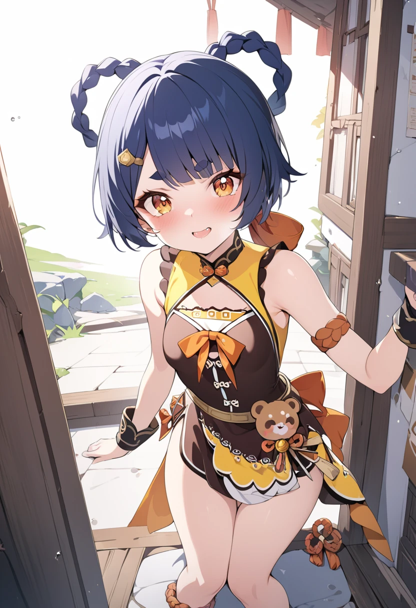 masterpiece, best quality, <lora:xiangling:1>,panda,jumping,xiangling \(genshin impact\), 1girl,smile,blue hair,short hair,thick eyebrows,hairclip,hair rings, braid,yellow eyes,bow,glove,chinese clothes, sleeveless,bare shoulders, pelvic curtain,belt,grey background,