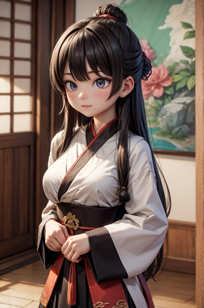 Mature Japanese woman, long black hair, smiling, 60 year old attractive woman, 4K, high quality, high resolution, 5 fingers, detailed face, wrinkles around the eyes