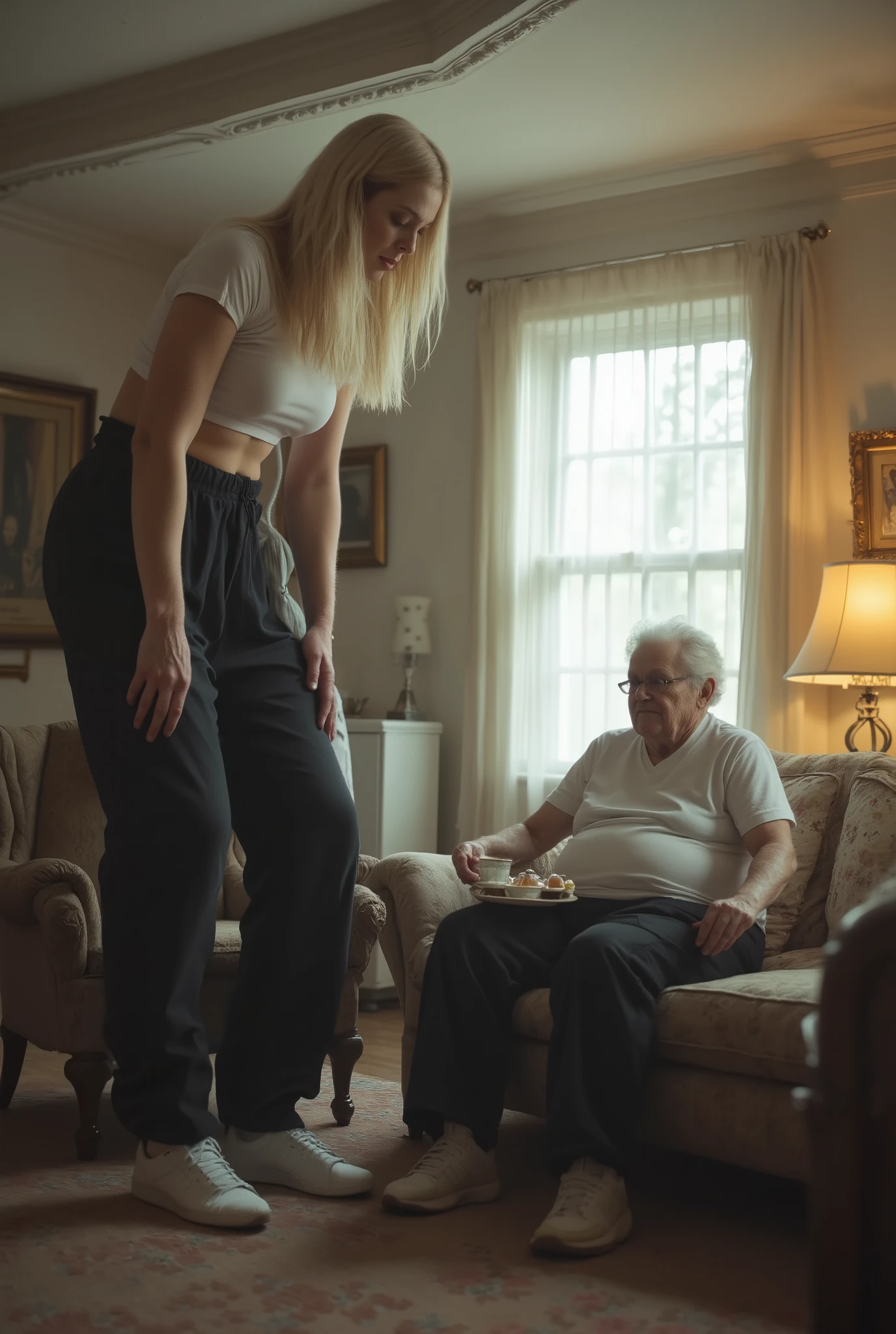 Image of a girl sitting on an old man lap on the chair in white leggings , lap dance