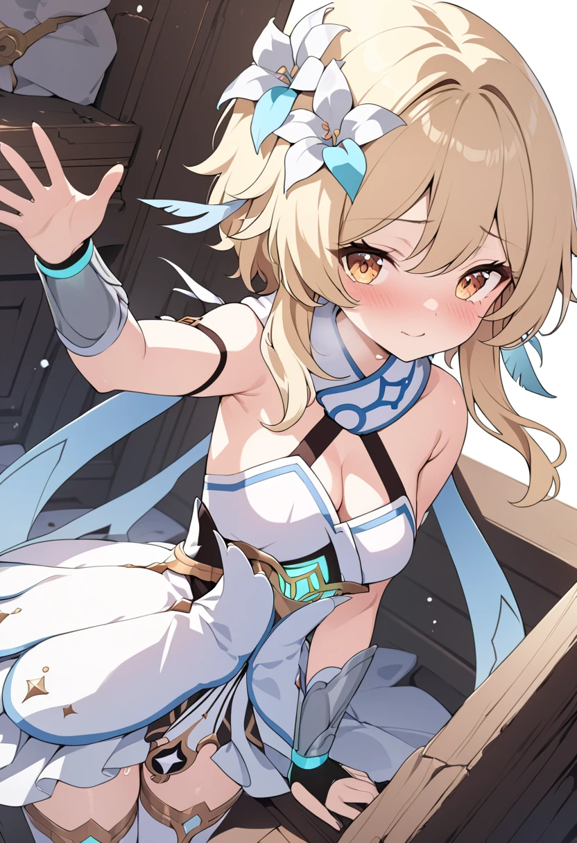 masutepiece,Best Quality,Solo,女の子1人,Fantasy,Pastel Fantasy,the original god,firefly,Fleshy thighs,shinny skin,waterface,Anime style,anime image,sexypose, Clean and detailed anime face,High Resolution Anime Eyes,Five Fingers,The perfect human structure,Beautiful fingertips,Depth,Crotch spread,（Crab crotch）,sole,pantie shot,Striped bread,Crab crotch,crouching down,crouch down,Spread your legs apart
