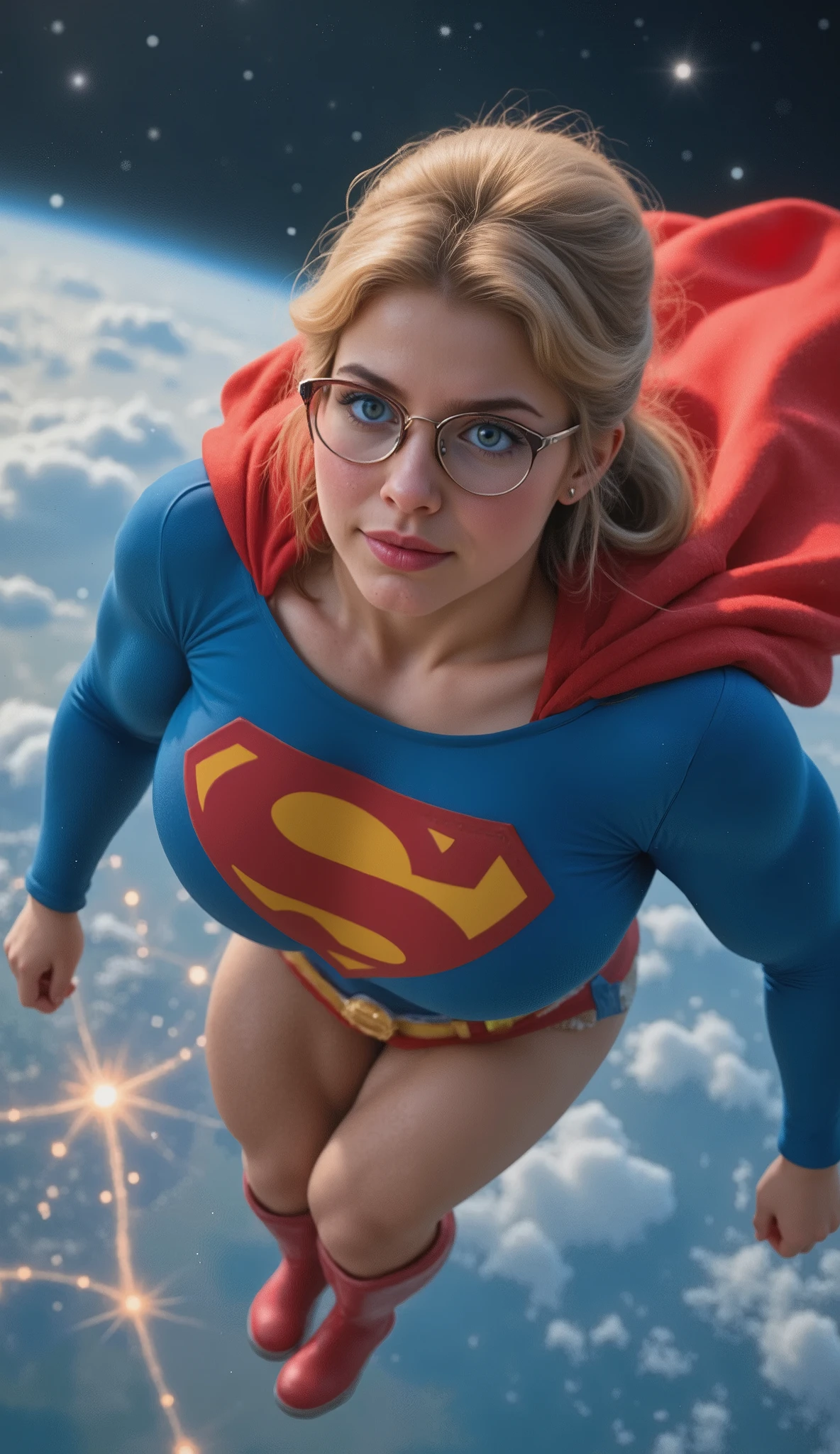 "A breathtaking, highly detailed, and ultra-textured 8K high-resolution image of a young 18-year-old and radiant Supergirl floating in the vastness of space, gazing down at Earth with a look of awe and innocence. Her blonde hair is styled neatly in an updo, with a few loose strands softly framing her face. She wears stylish glasses that reflect the cosmic glow of the stars, adding an intellectual and endearing touch to her youthful beauty. Her iconic superman 1980s Supergirl costume is meticulously crafted, featuring a vibrant royal blue bodysuit with visible fabric textures, subtle stitching, and natural folds. The bold red and yellow 'S' emblem on her chest is slightly raised, giving it a three-dimensional appearance. Her flowing red cape drifts weightlessly behind her, its fabric rich and slightly glossy, moving realistically in zero gravity. The golden-yellow belt adds authenticity to her classic look, while her knee-high red boots have a sleek leather-like finish with visible seams and subtle creases. The background is a stunning cosmic expanse, with Earth’s luminous blue surface below her, detailed with swirling clouds and glowing city lights. Stars twinkle all around, casting a soft, celestial glow that highlights every exquisite detail of her costume and face. Her expression is one of wonder and gentle power, perfectly capturing the balance of strength and innocence that defines Supergirl. The lighting and reflections create a cinematic masterpiece, making the image feel larger than life, as if she truly belongs among the stars." incredibly and flawlessy detailed in every way.