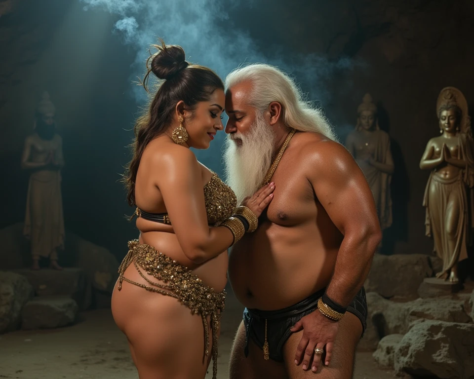 Nude photo of a young girl with big breasts, long hair, white skin, and a good figure, wearing a sarong, having sex with a fat, bald, old man wearing a loincloth. Living in a golden wooden house