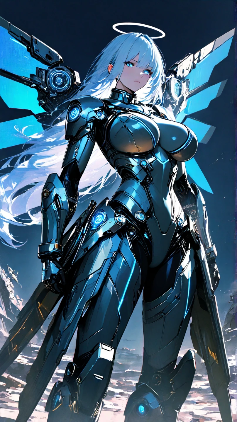 (masterpiece), (best quality:1.4), (perfect anatomy:1.4), high quality, expressive eyes, full body, tall girl, detailed face, beautiful face, perfect face, breasts, cleavage, gloves, A photograph of mid-twenties Japanese female android made of shiny white and silver translucent glass and plastic, geisha makeup and hairstyle, silver metal internal body mechanisms, dynamic pose, flowing organic construction, glowing golden circuitry, colorful neon trim, glowing circuitry, neon trim, depth of field focus f/2.8, art by H.R. Giger, Greg Rutowski, bodysuit, thick thighs, toned, emblem, superhero, dynamic lighting, 4k resolution, dynamic pose, weapon, energy weapon, cover, mecha musume, fortified suit, mechanical parts, headgear, robot joints, bodysuit, deva battle suit, gloves,