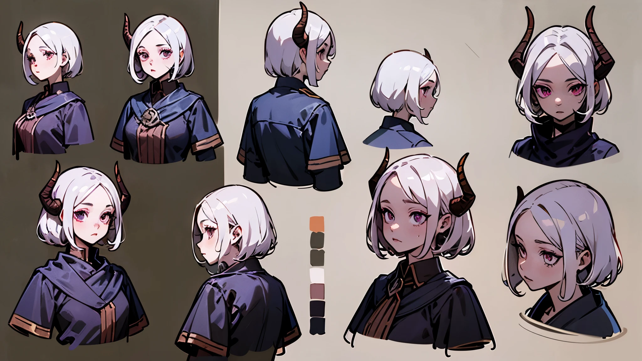 (masterpiece, the best quality), Detailed, 1 girl, (( character concept art )), ((character design sheet, same character , forehead, side, back)), many articles, (uniform from songs from the Adventurers Guild, former dungeon explorer, Real fabric , many parts), red demon horns , Detailed purple eyes, Detailed face, different expressions, small B cup , white hair and white skin , Detailed hair, formal style haircut, full of details.