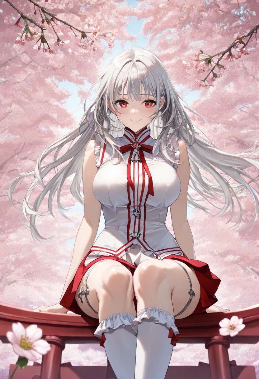 shrine maiden，Superskirt，white stocking，side tie up，cleavage，Bare shoulders，Long loose hair，Long white gloves，