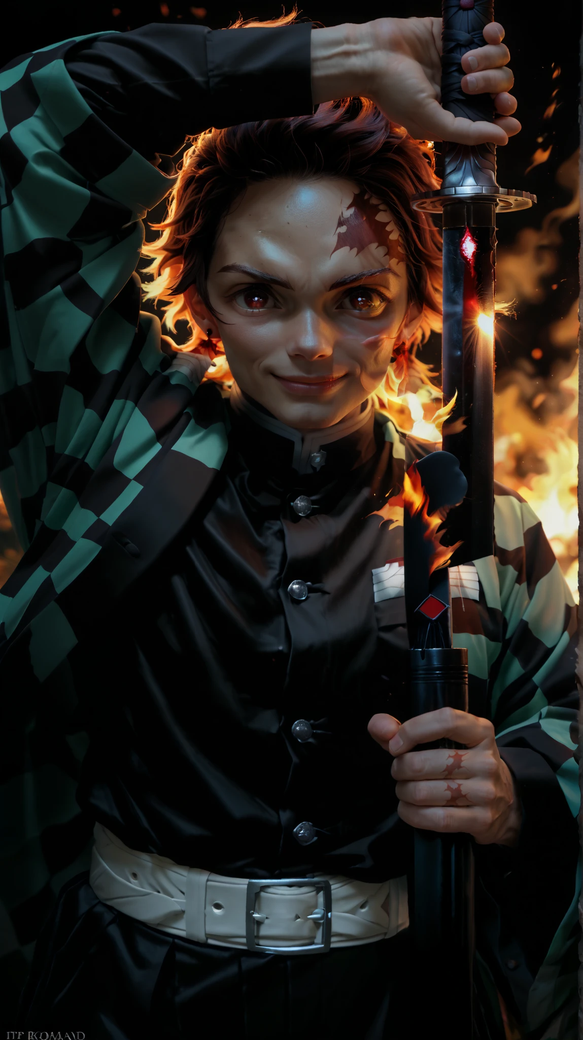 score_9, score_8_up, score_7_up, source_anime, arm up unsheathing sword, solo, male focus, 1boy, tanj1rokamad0, scar on forehead, smirk, looking at you, short hair, brown hair, red eyes, demon slayer uniform, japanese clothes, checkered clothes, haori, long sleeves, black jacket, black pants, white belt, earrings, fire