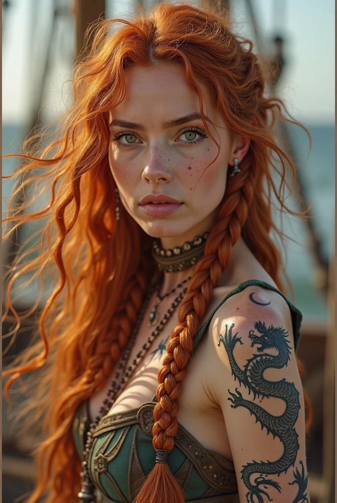 warrior girl with red hair in a single braid and a small red dragon tattoo on the back of her shoulder, in a fantasy book
